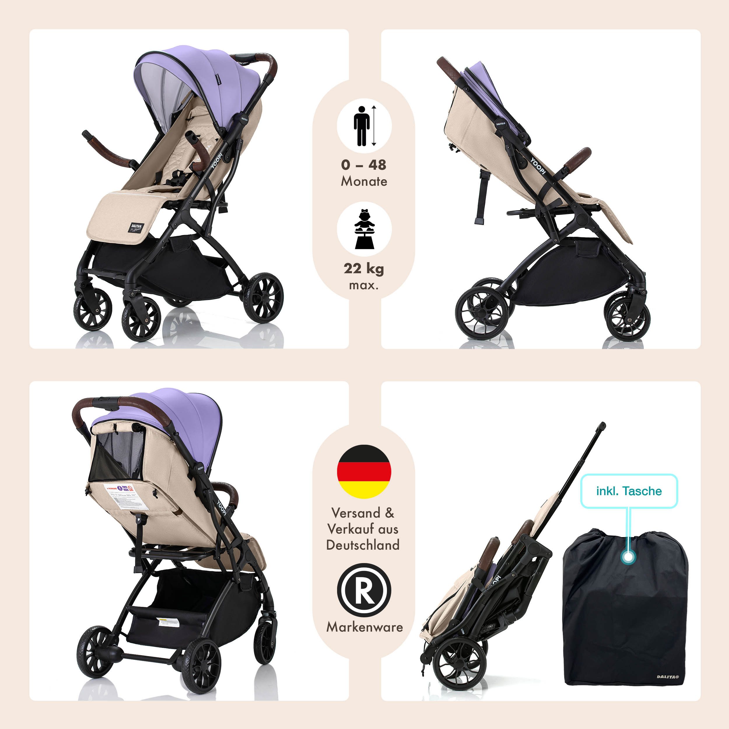 Daliya® Kinder-Buggy YOOPI Reisebuggy, kompakt faltbar, mit Teleskopgriff, Flugzeug Buggy, Stadt-Buggy, Reisebuggy, faltbar, Alurahmen, sicher, gefederte Räder