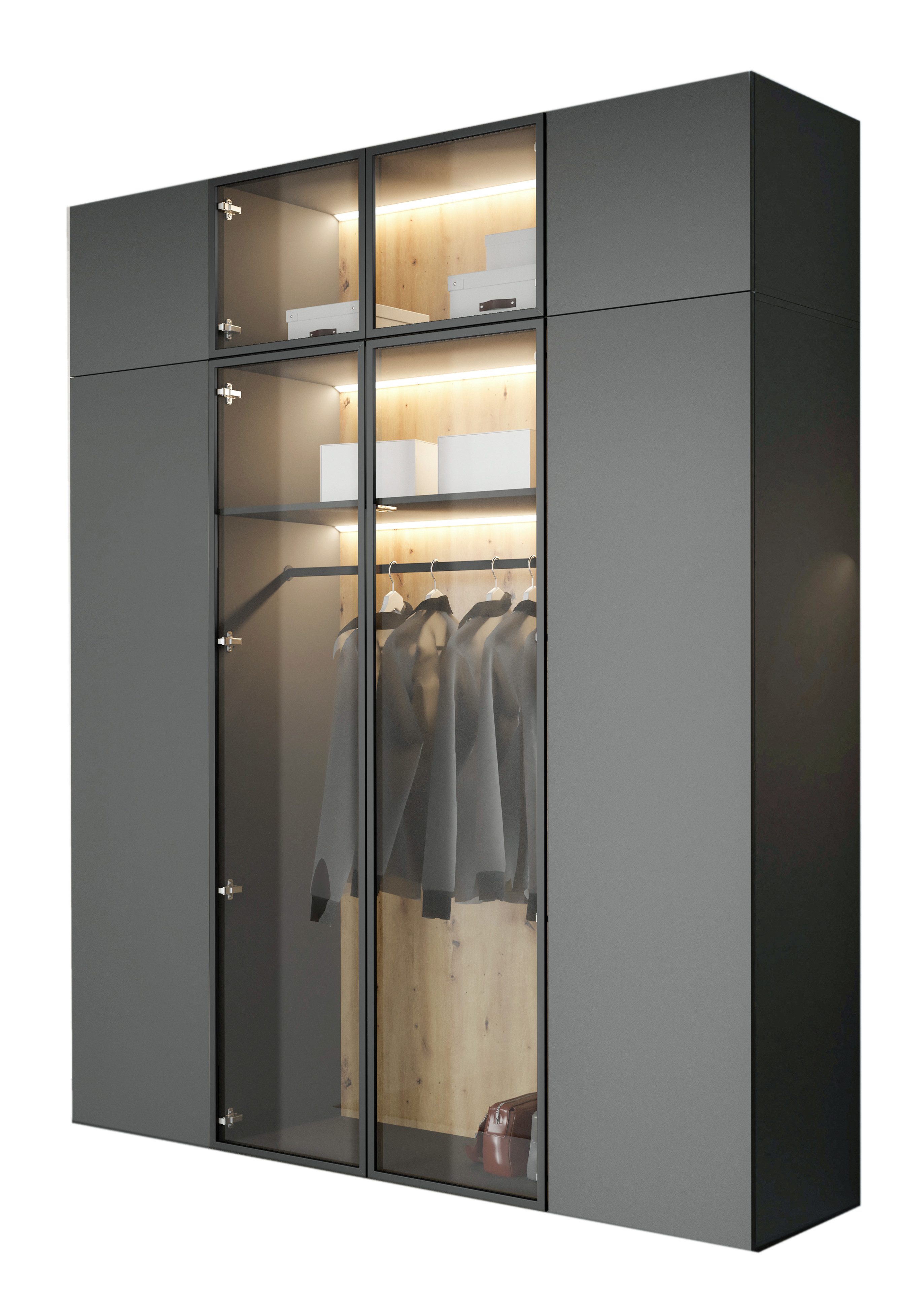 Compleo Drehtürenschrank 200 cm breit STELLS, Kleiderschrank mit Glasfront, Modern Garderobe