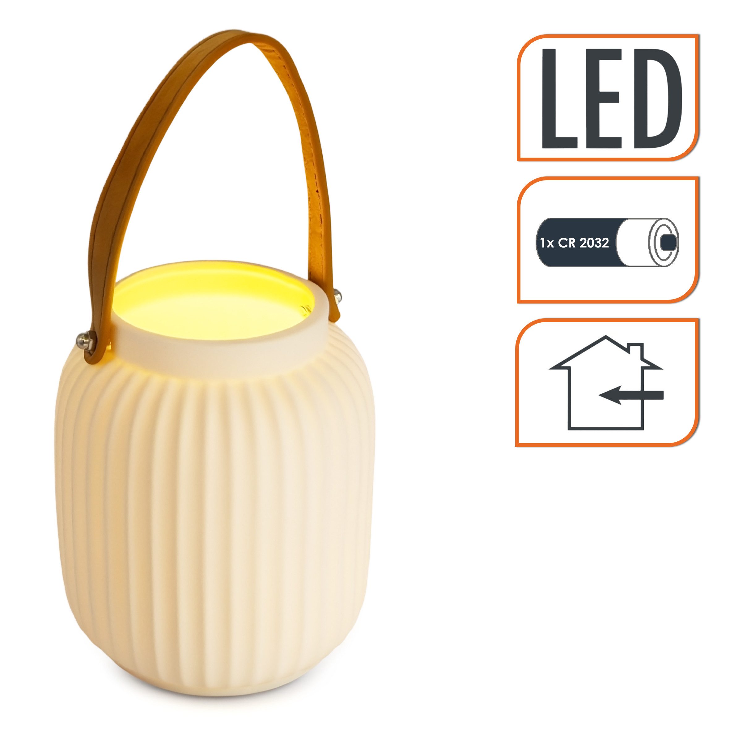 Spetebo LED Windlicht Keramik Laterne matt weiß mit Henkel in Leder Optik, LED, warm weiß, Dekorativer Henkel in Lederoptik