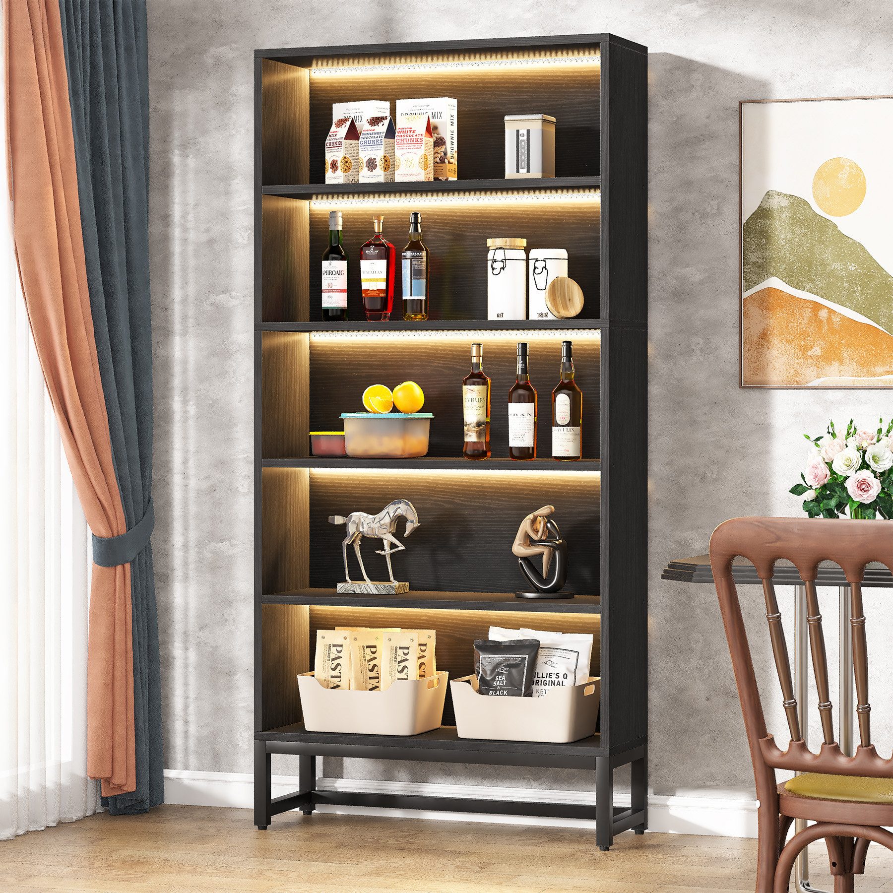 Tribesigns Bücherregal Bücherregal 180 cm mit LED-Beleuchtung, 5-stöckiges schwarzes Regal