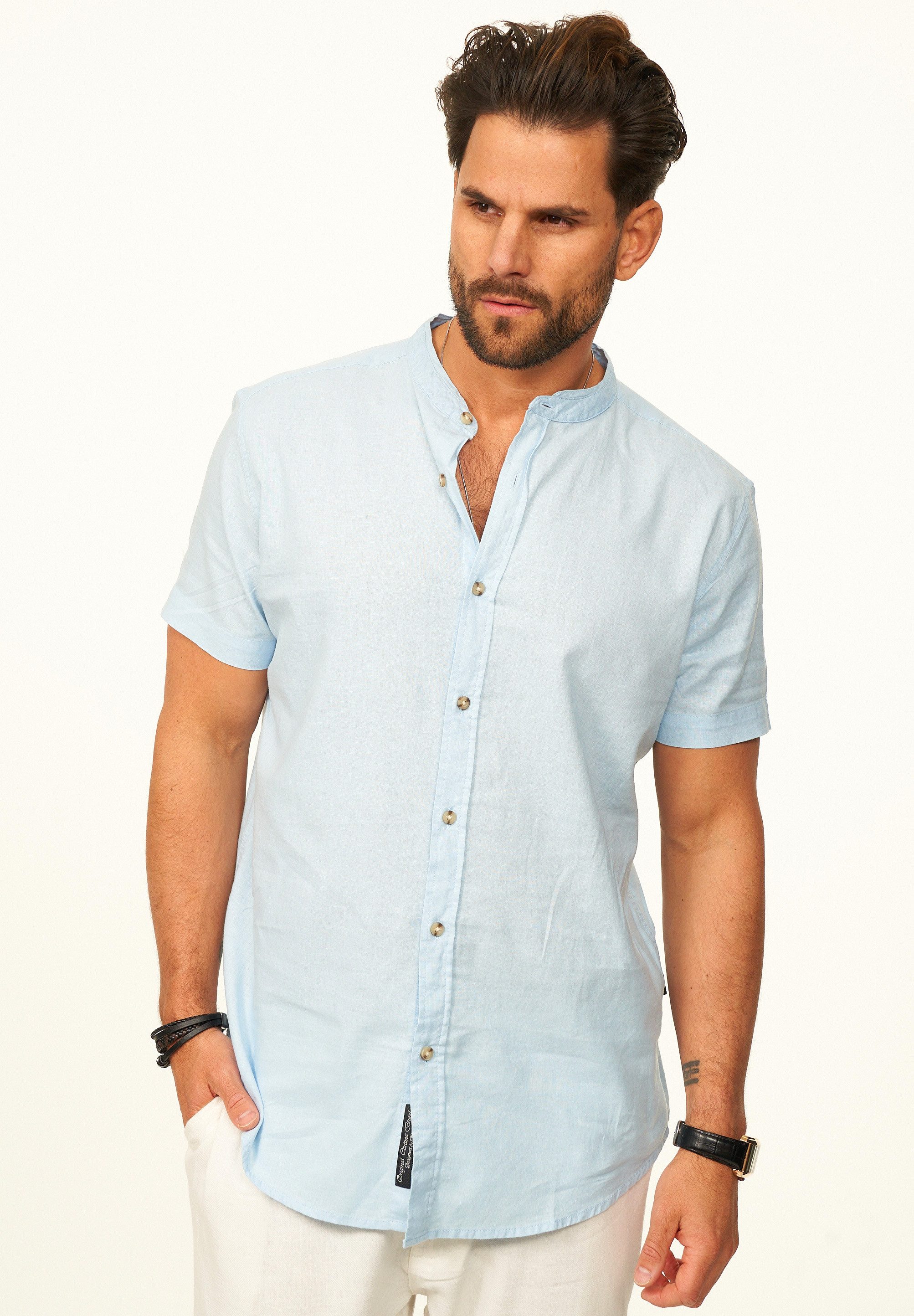 behype Kurzarmhemd als Sommerhemd aus Leinen im Regular-Fit Herren Leinenhemd Freizeithemd mit Stehkragen