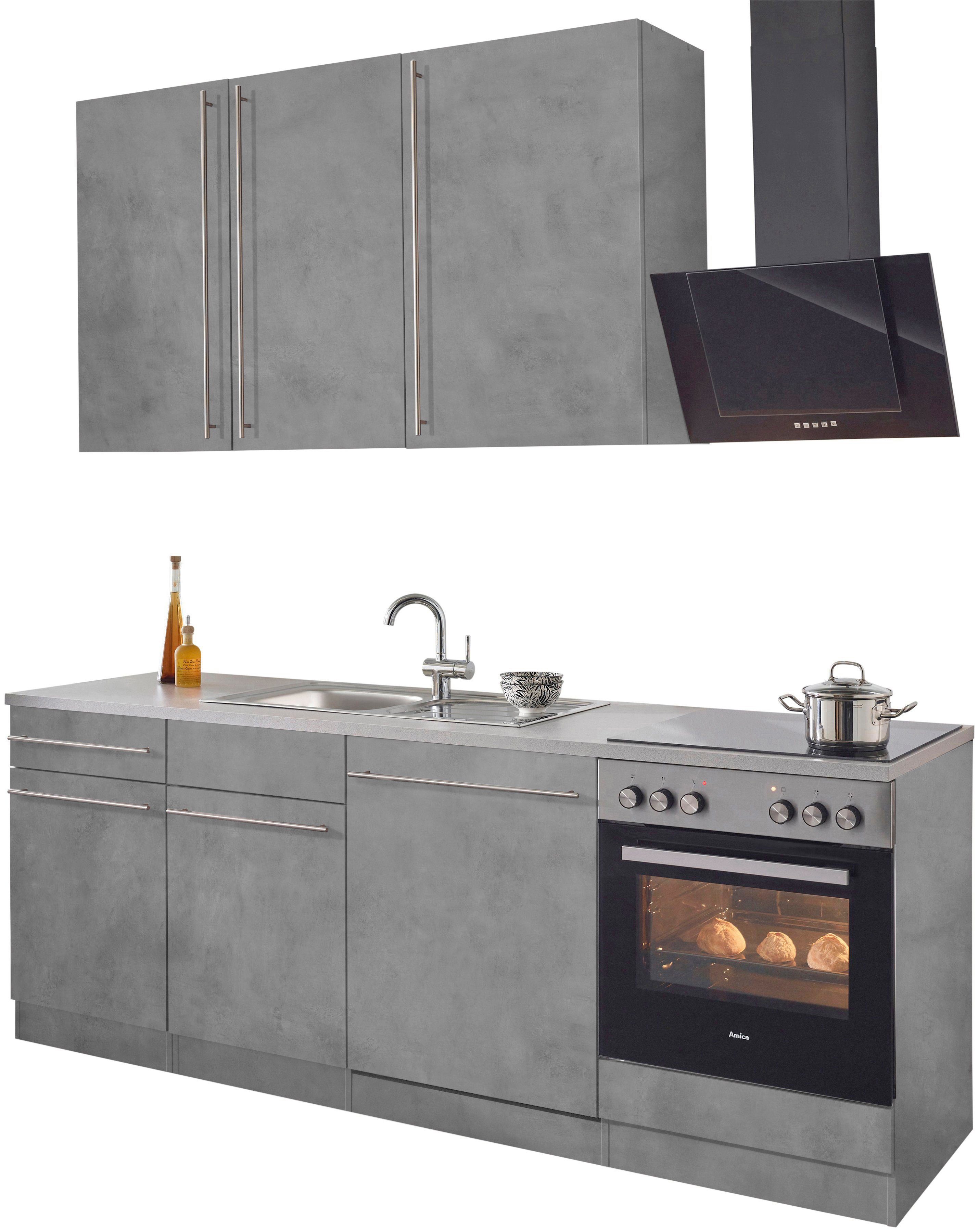 wiho Küchen Küchenzeile Chicago, mit E-Geräten, Breite 220 cm Betonfarben | betonfarben | Küchenzeilen mit Geräten