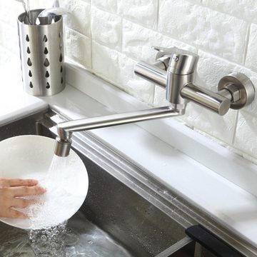 HOMELODY Spültischarmatur Wandmontage Wasserhahn Küche 360° Drehbar 2 Strahlarten Küchenarmatur Mischbatterie für Küche Einhebelmischer Edelstahl