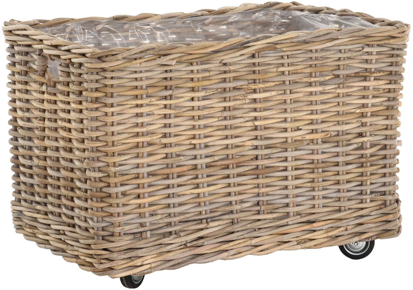 Krines Home Allzweckkorb Pflanzkorb groß Rattan Pflanzkübel Blumentopf Rollkorb Grau Natur, mit Rollen