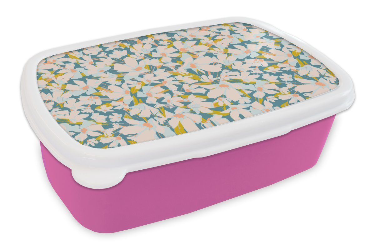 MuchoWow Lunchbox Flora - Blumen - Frühling, Kunststoff, (2-tlg), Brotbox für Erwachsene, Brotdose Kinder, Snackbox, Mädchen, Kunststoff rosa