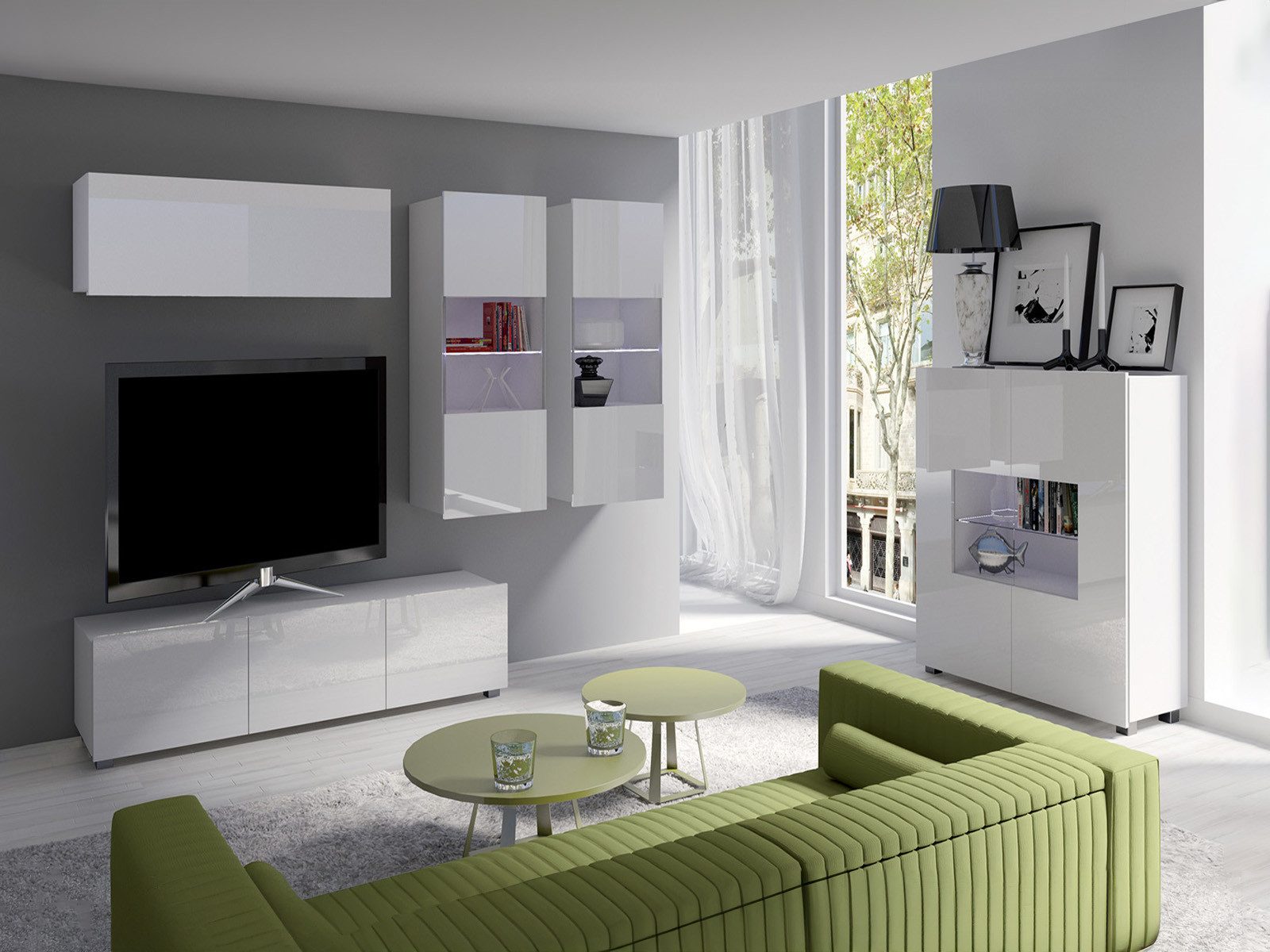 HAUSELEMENT Wohnzimmer-Set CALABRINI-6, (5-St), Hängewohnwand Schrankwand LED-Beleuchtung Anbauwand Modern