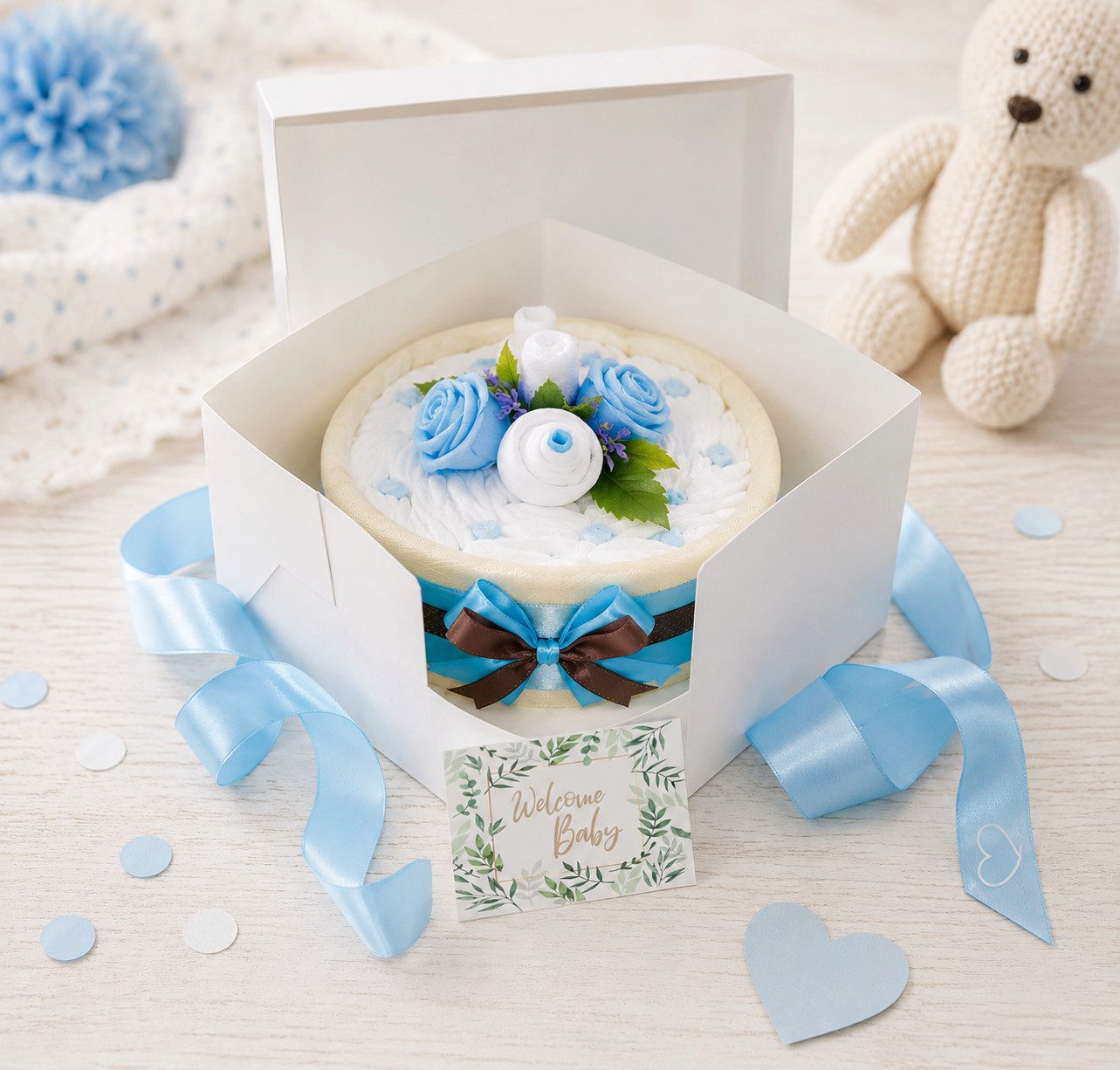 Neugeborenen-Geschenkset Windeltorte CAKEBOX, Geschenk zur Geburt, Babyparty, Baby Shower