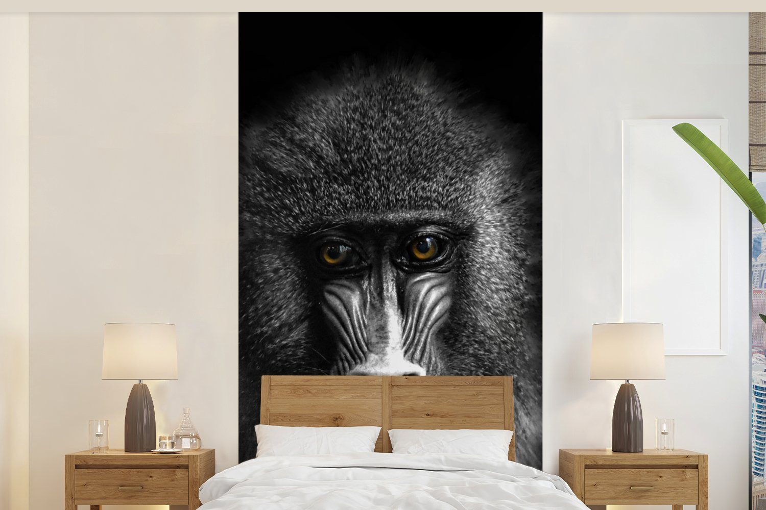 MuchoWow Fototapete Affe - Tiere - Augen - Braun - Schwarz und weiß, Matt, bedruckt, (2 St), Vliestapete für Wohnzimmer Schlafzimmer Küche, Fototapete