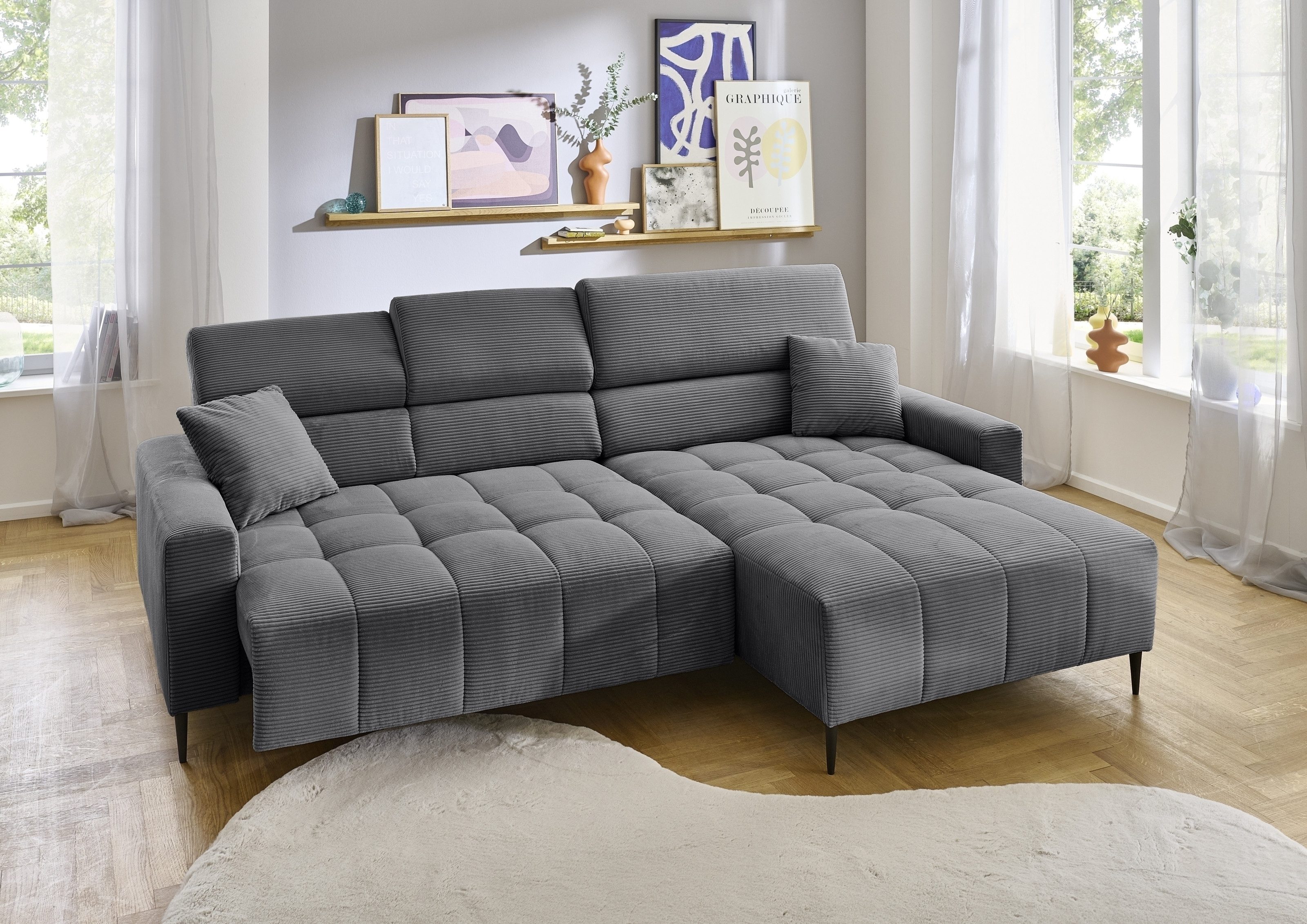 Iwaniccy Wohnlandschaft elektr. Sitztiefenverstellung, Cord grau - 256x100x180cm (BxHxT)
