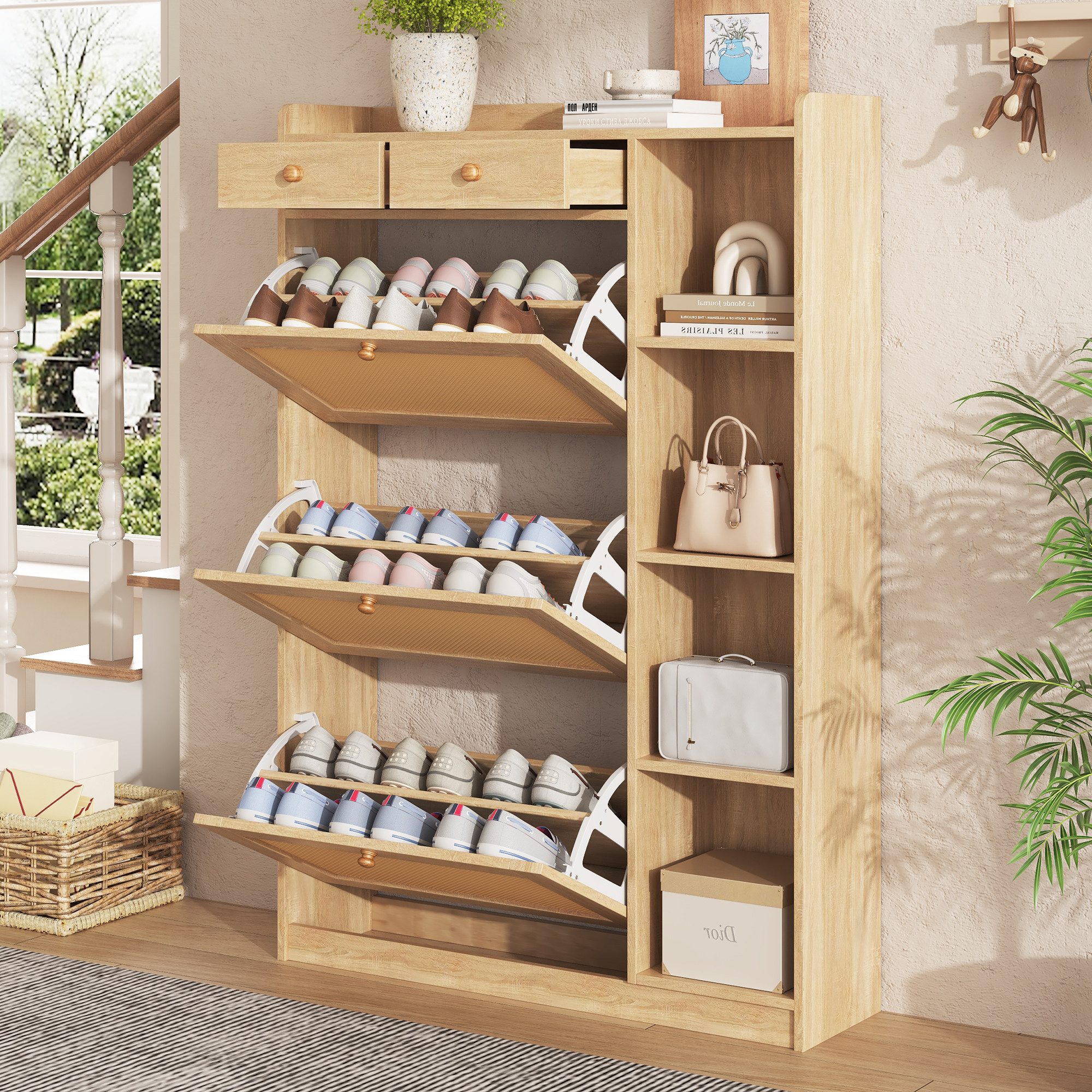 i@home Schuhkipper Schmaler Schuhschrank aus Rattan mit 3 Klappfächern, verstellbaren Einlegeböden, seitlichen offenen Ablagen, 90×24×103 cm