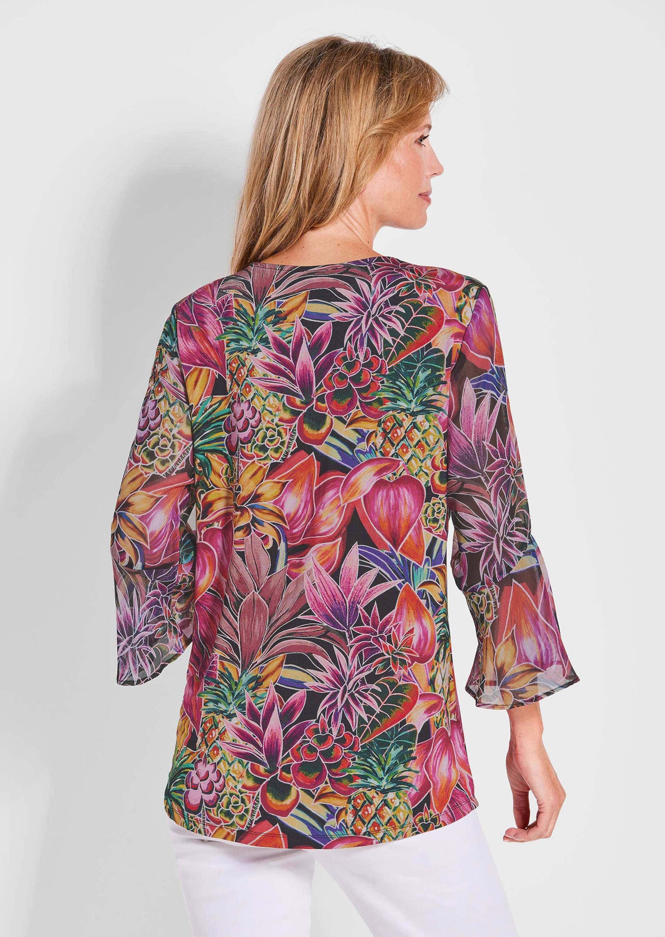 GOLDNER Schlupfbluse Kurzgröße: Bunte Tunika mit floralem Print Halbarmshirt, floral, weiter Schnitt, kaschierend, Viskose-Qualität