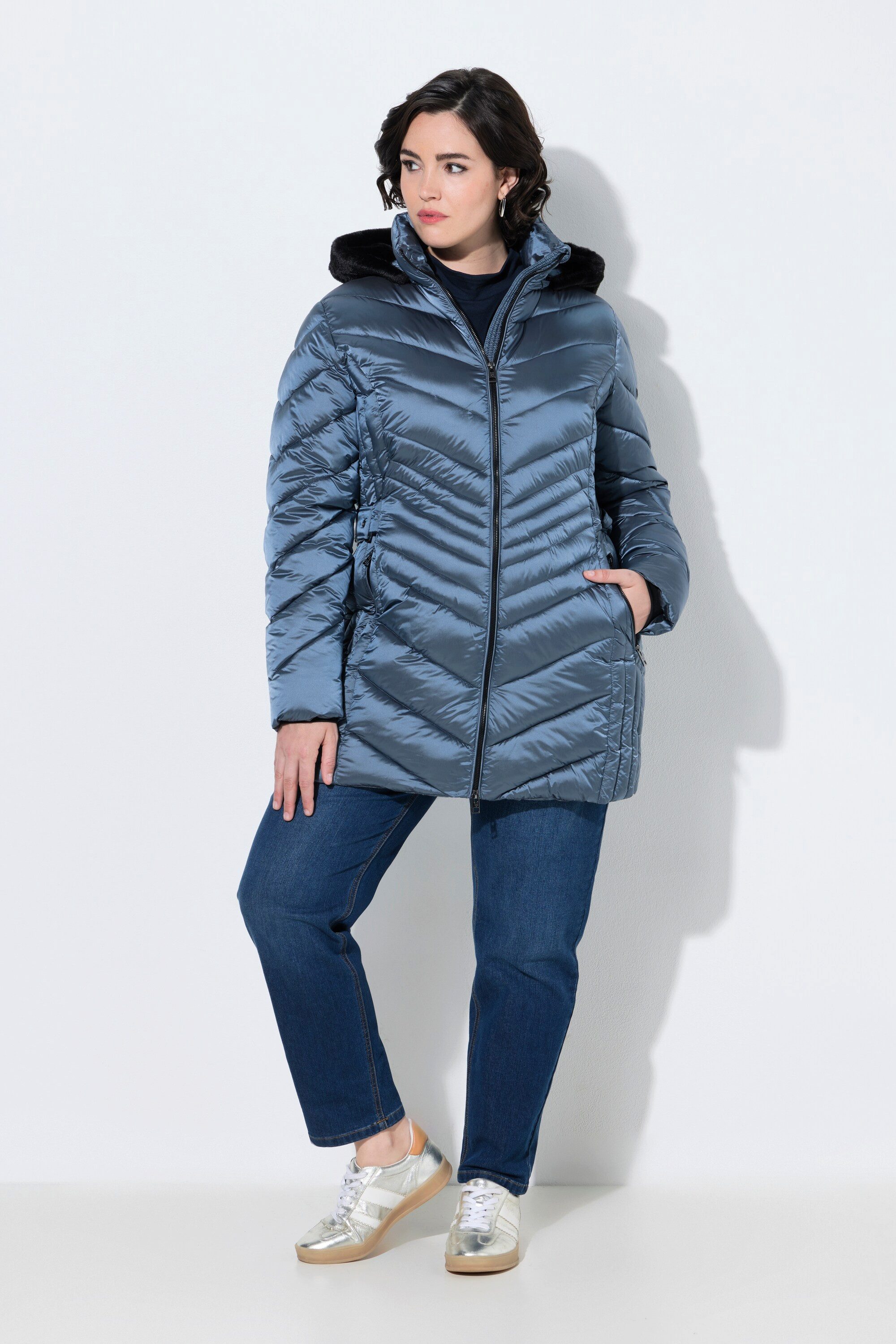 Ulla Popken Steppjacke HYPRAR Steppjacke Lederoptik-Piping 2-Wege-Zipper