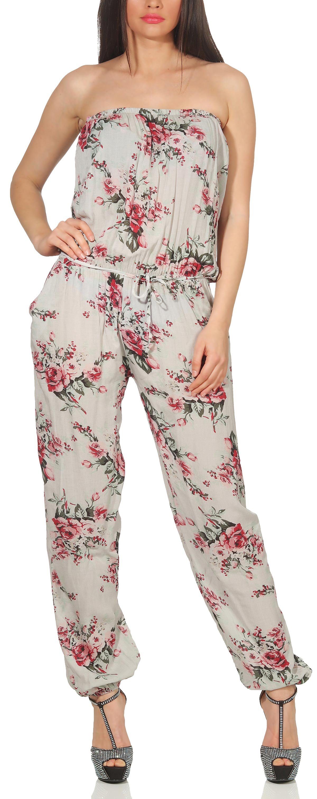 malito more than fashion Jumpsuit malito Damen Einteiler geblümt, Overall mit Stoffgürtel, Jumpsuit mit Stoffgürtel Einheitsgröße