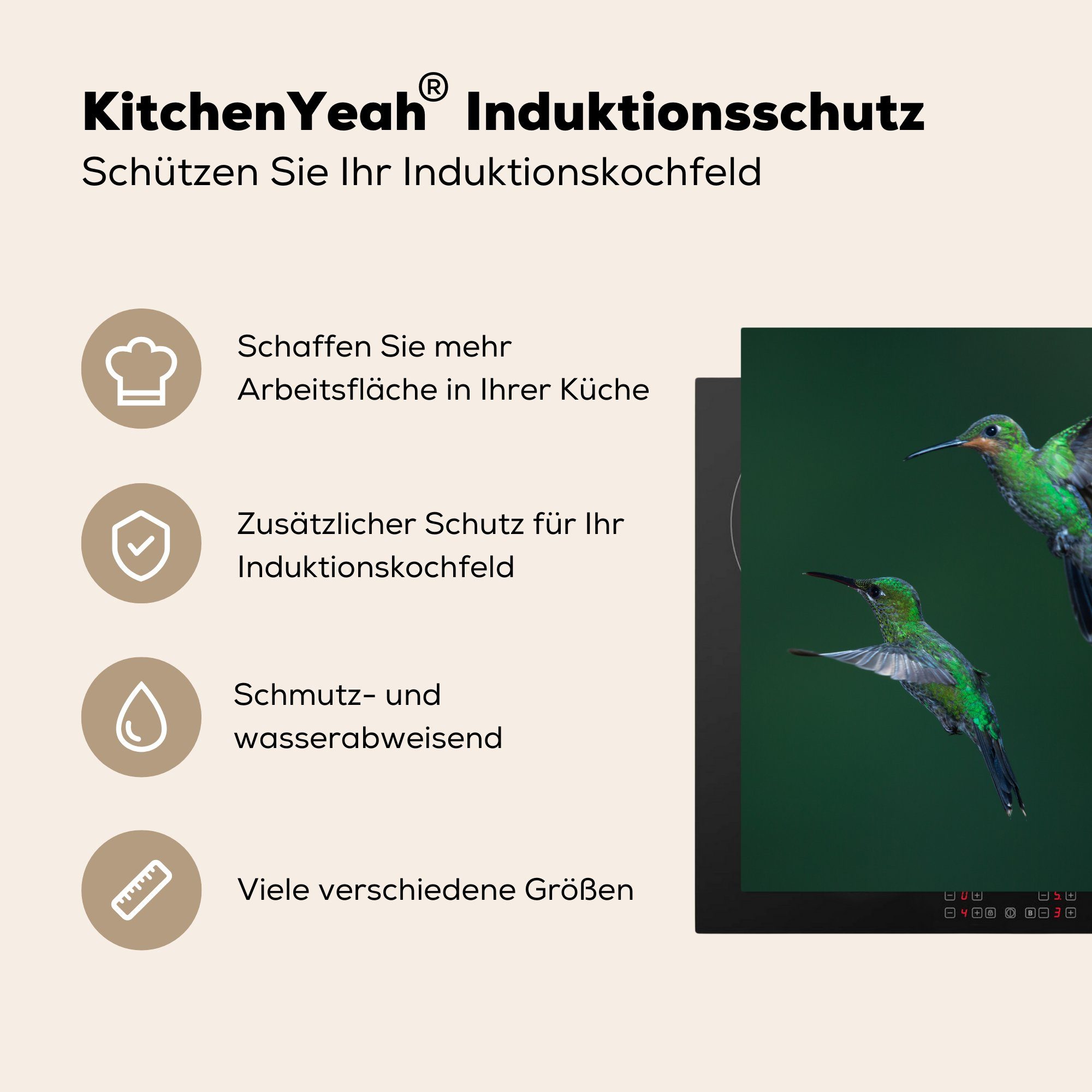- Herdblende-/Abdeckplatte (1 küche Vögel Ceranfeldabdeckung, tlg), cm, Grün, Vinyl, Kolibri für - 78x78 MuchoWow Arbeitsplatte