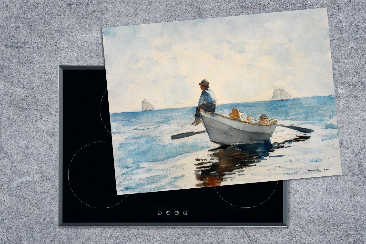 Mobile tlg), Arbeitsfläche cm, Ceranfeldabdeckung Dory in von MuchoWow Herdblende-/Abdeckplatte Jungen einem - nutzbar, 70x52 (1 Winslow Homer, Vinyl, Gemälde