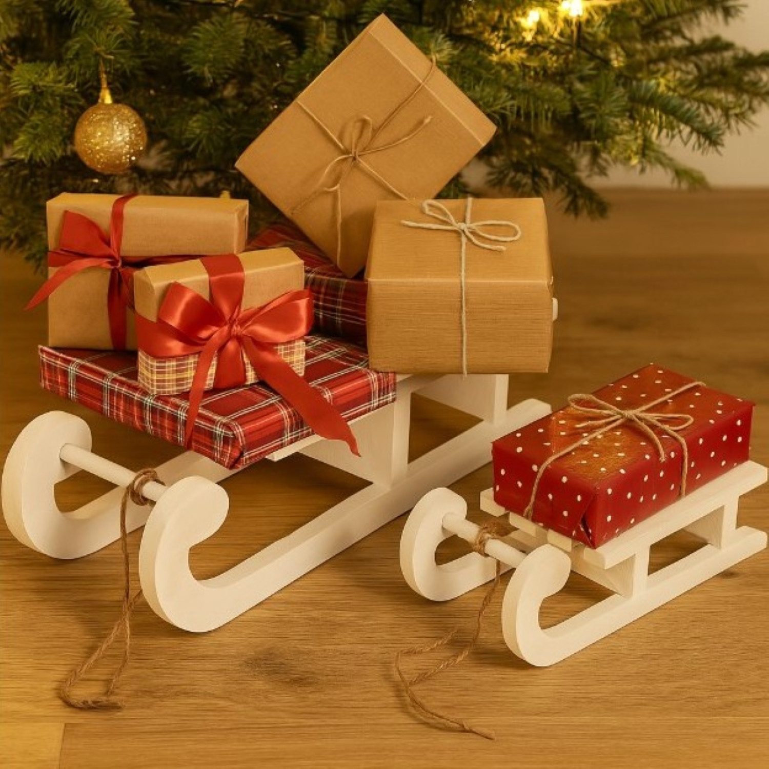 Online-Fuchs Dekofigur - 2 Schlitten aus Holz als Weihnachtsbaum Dekoration - Winterdeko (inklusive Bastseil, charmantes, nostalgisches Design), 25 und 37 cm lang