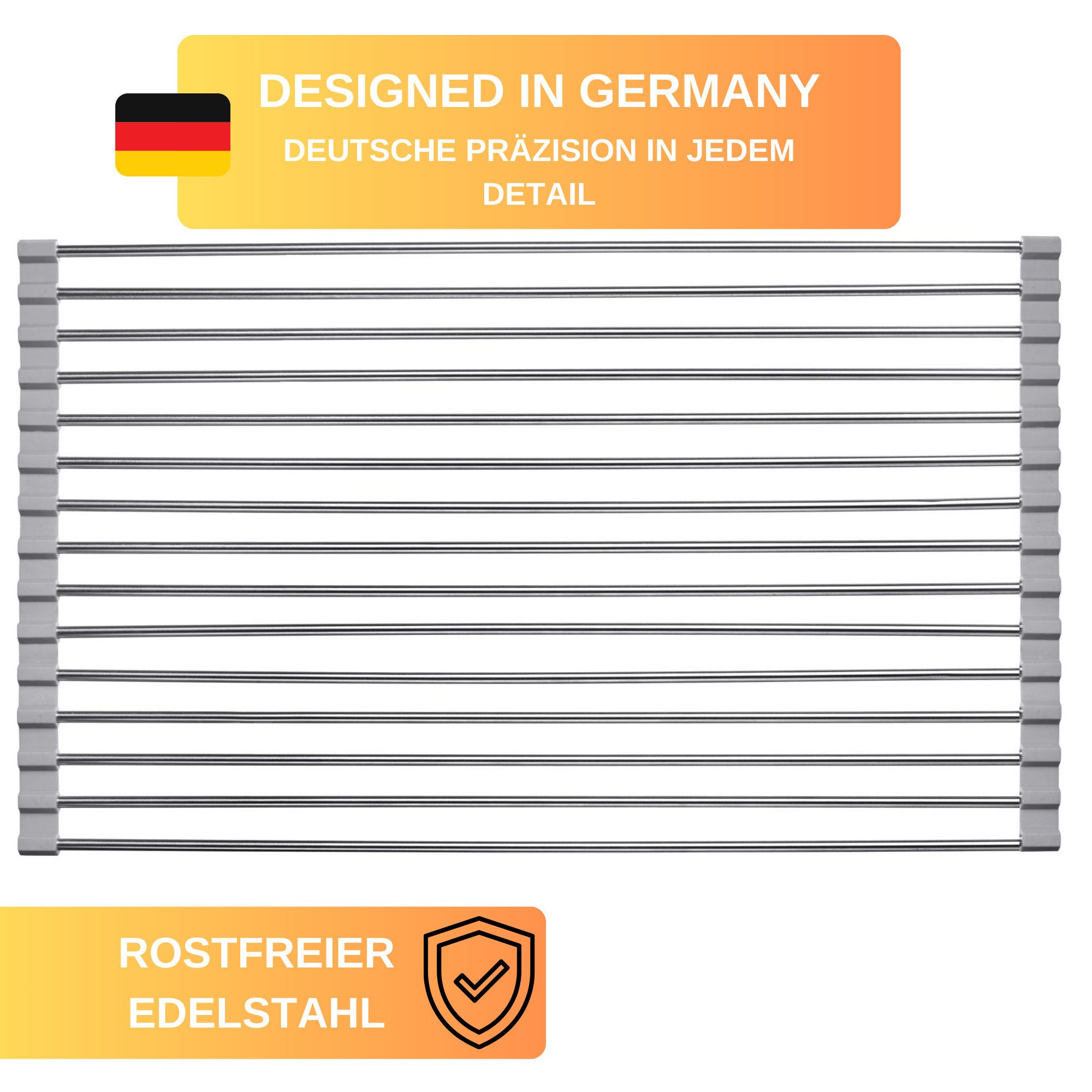 Thiru Abtropfmatte rollbar, aus rostfreiem Edelstahl - 29 cm x 47 cm, mit Silikonkante