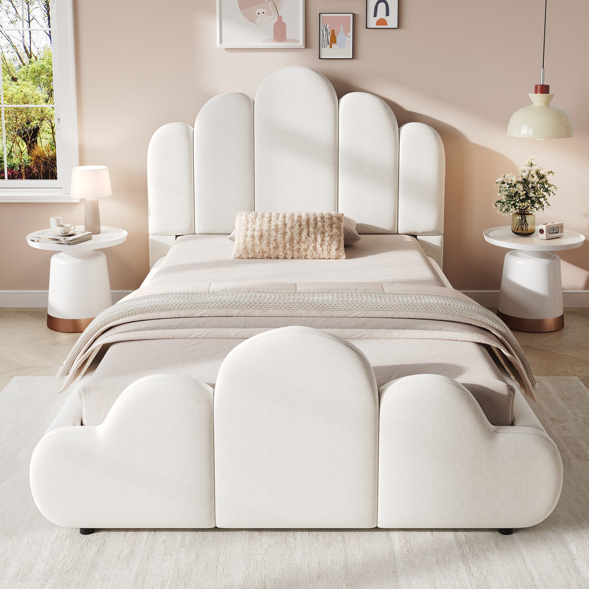 HAUSS SPOLE Polsterbett 90x200 Einzelbett aus samt mit gepolstertes Kopfteil,Kinderbett,Beige (Funktionsbett Kinderbett mit wolkenförmiger Gestaltung für Kinderzimmer, ohne Matratze), Samt Jugendbett mit abgerundeten Ecken
