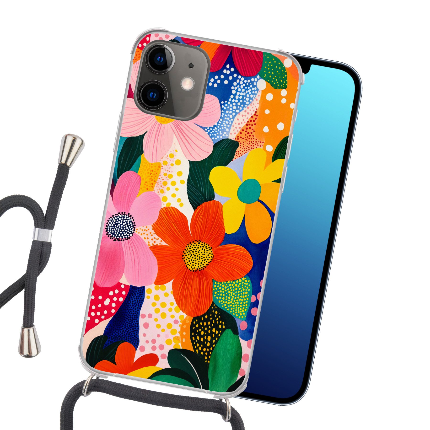 MuchoWow Handyhülle für Apple iPhone 12 Blumen - Bunt - Tupfen, Tragbare Handyhüllen mit Kette zum umhängen, Handykette Handyband