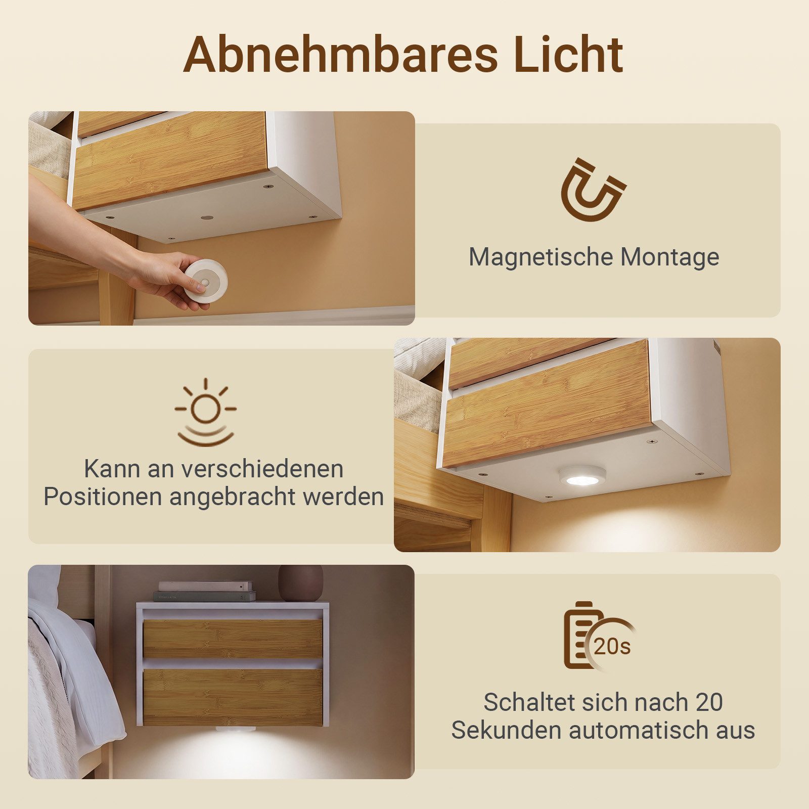 SoBuy Nachttisch FBT174, Nachtschrank Nachttisch hängend, Wandregal Bettablage, Wandschrank mit Bewegungssensor Licht, mit Schublade, Schlafzimmer – Bild 3 von 5