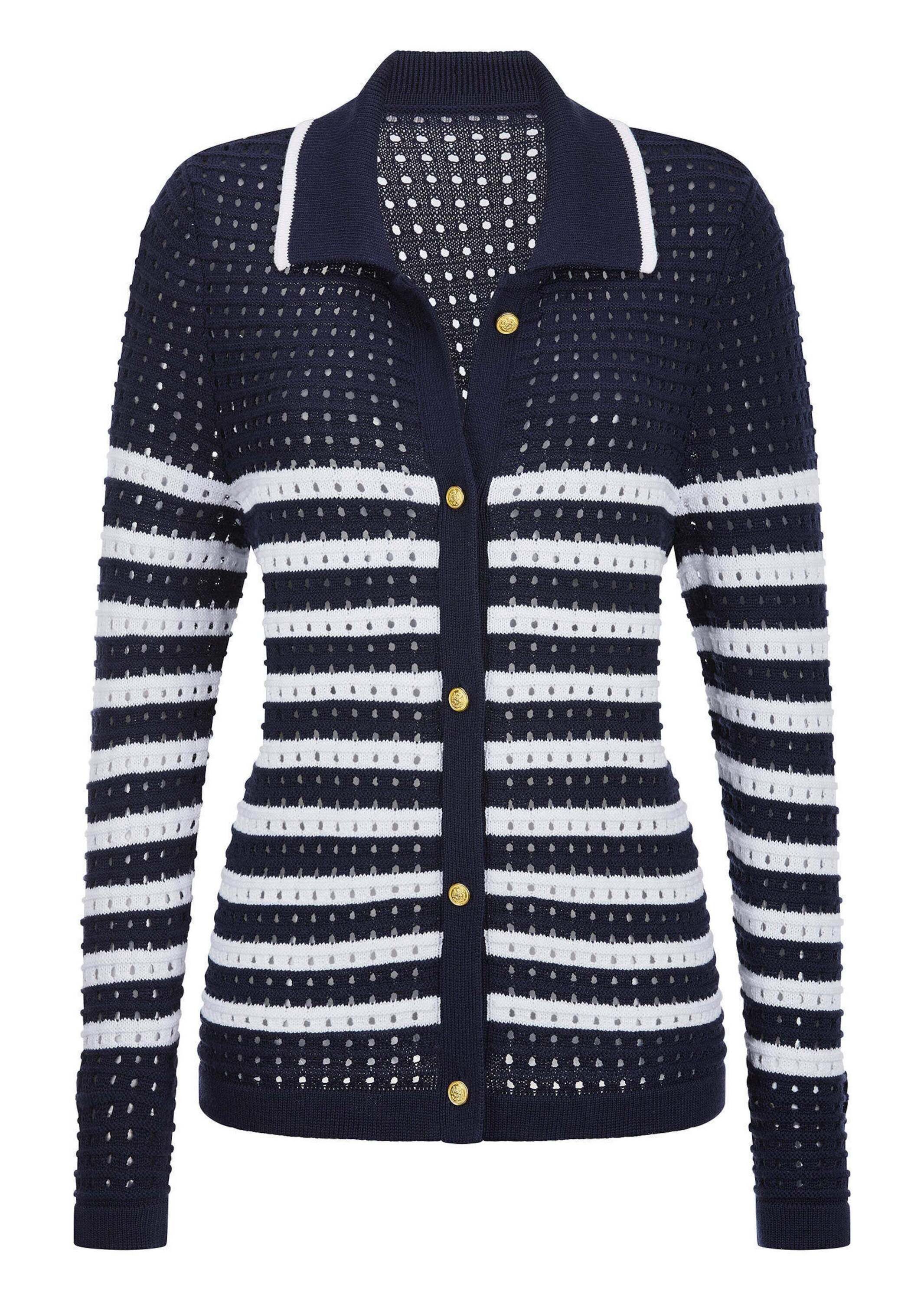 GOLDNER Strickjacke Kurzgröße: Polopullover mit Lochmuster Baumwolljacke mit Polokragen, Knopfleiste und Langarm