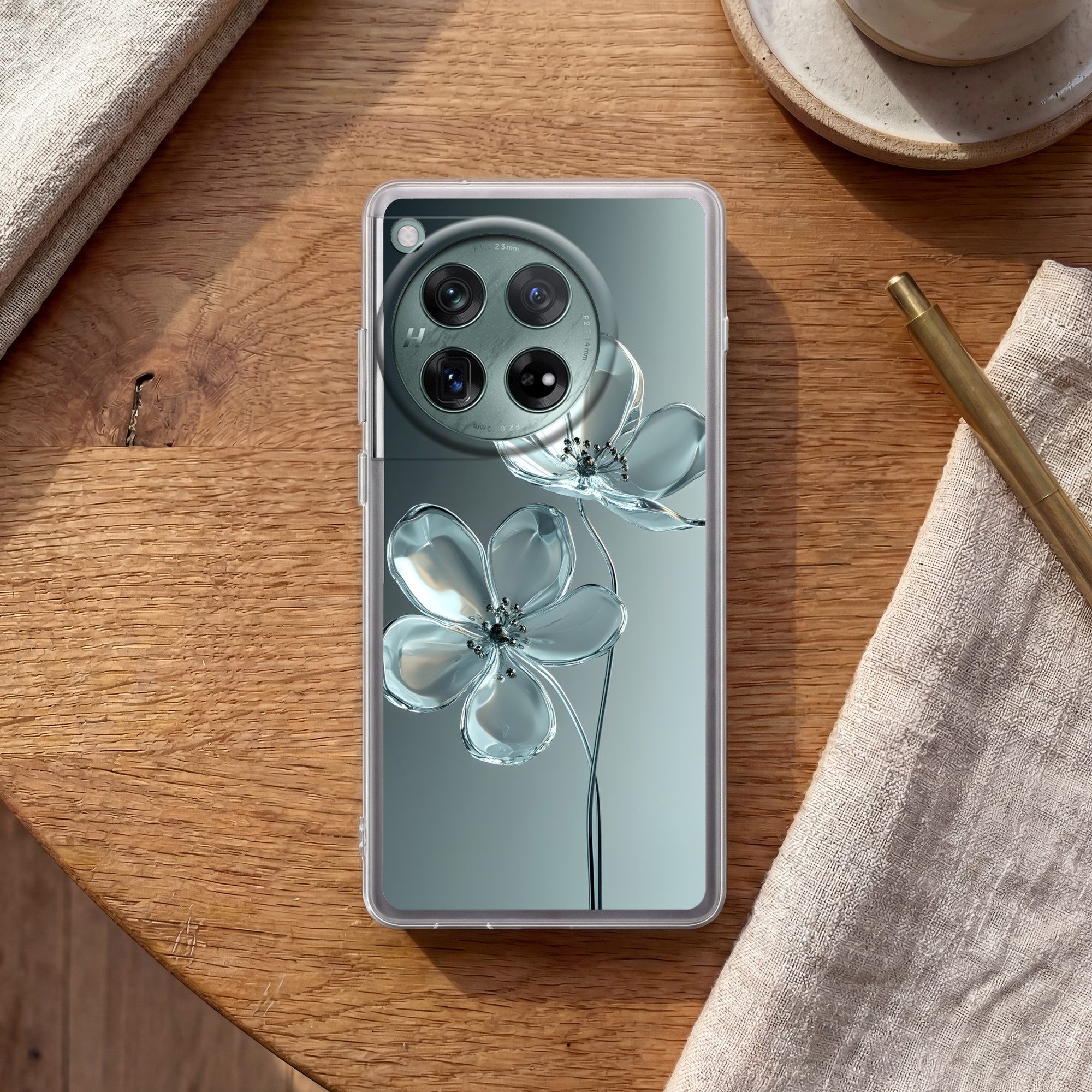 MuchoWow Handyhülle für OnePlus 12 Kristall - Blumen - Grau, Handy Case, Silikon, Bumper Case Dünn