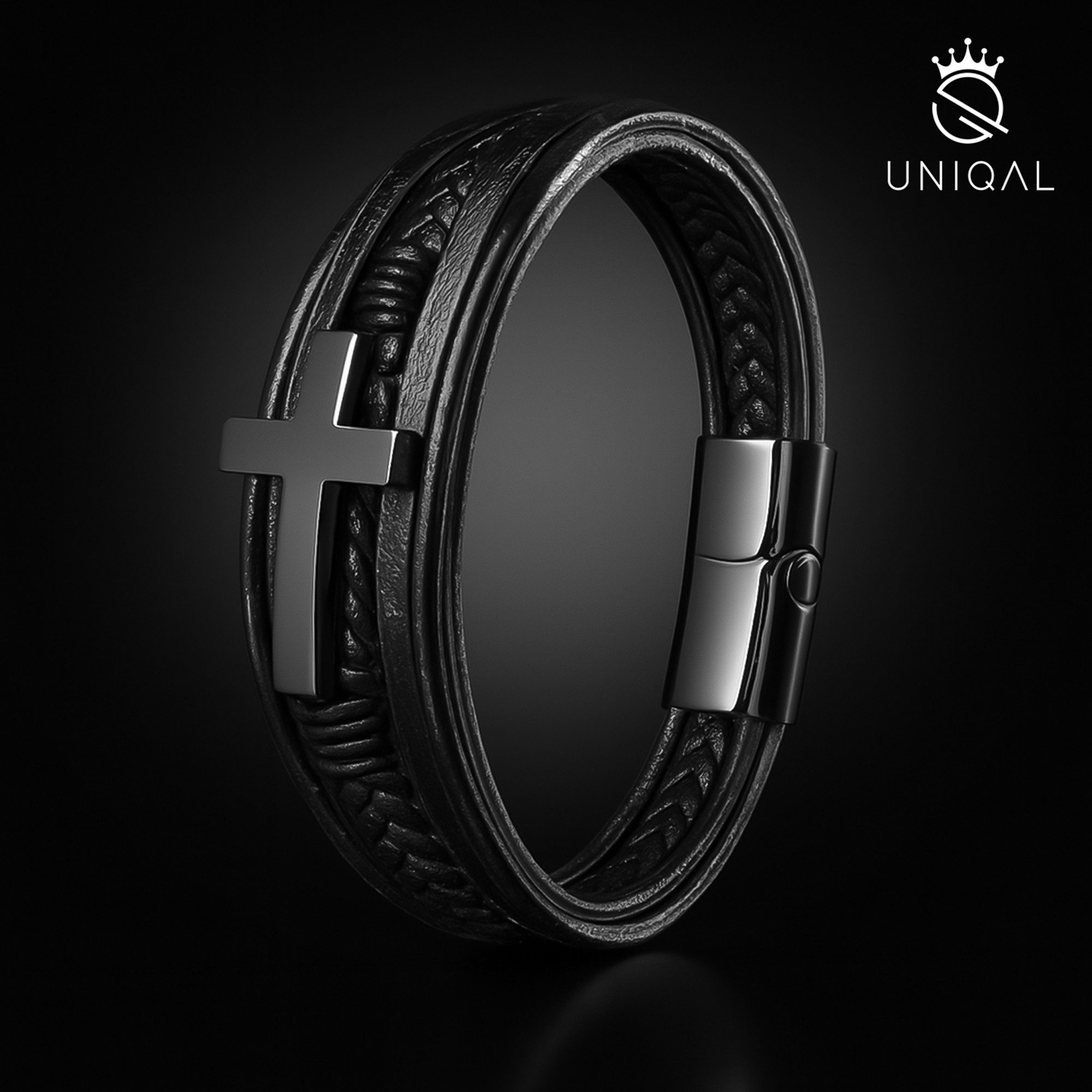 UNIQAL.de Lederarmband HEAVEN – Kreuzarmband aus Edelstahl, Symbol für Glaube & Stärke (Edelstahl, Echtleder, Casual Style, Magnetverschluss mit Verlängerungsglied), Premium Qualität, Männerschmuck, Geschenkidee