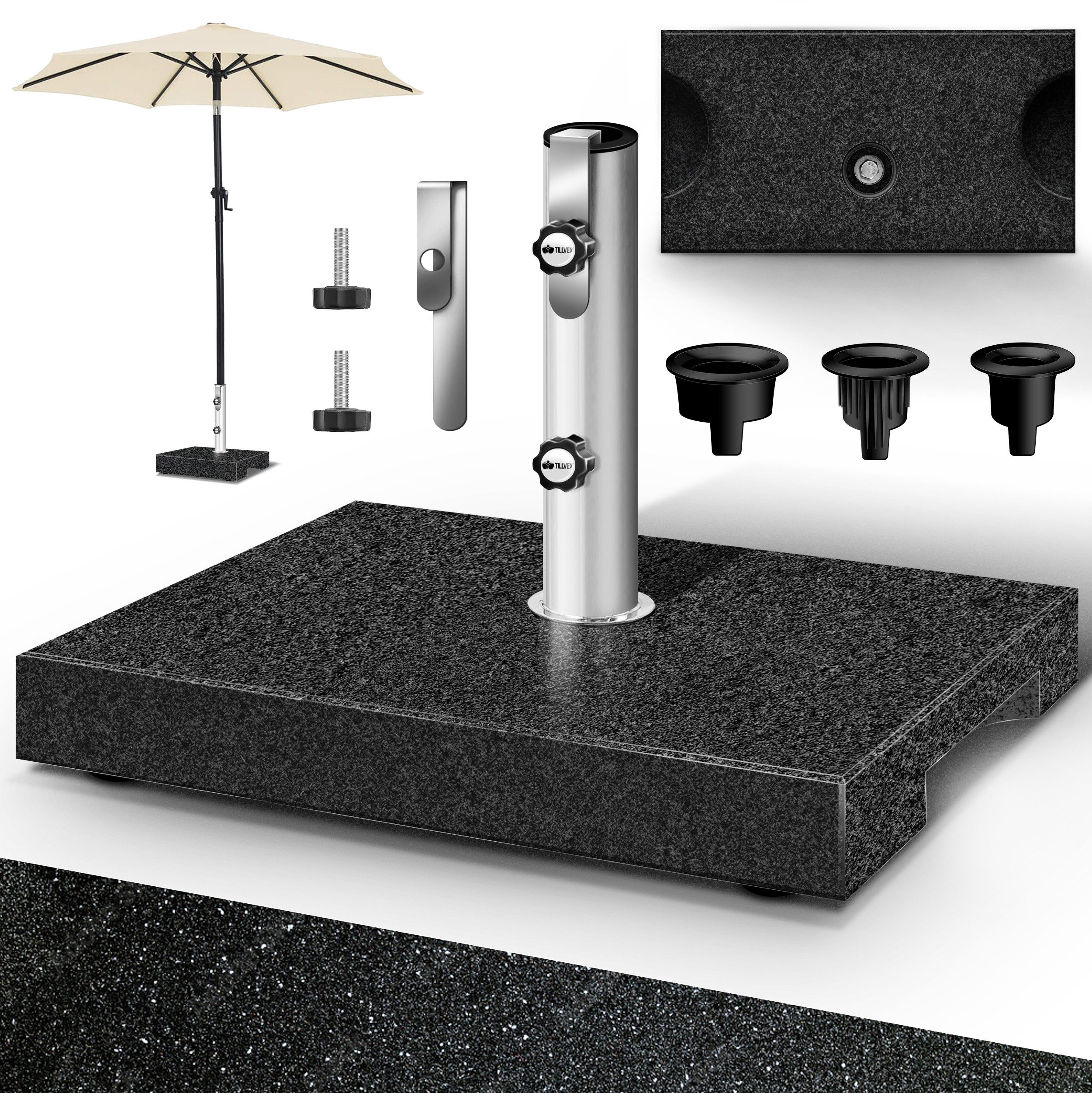 tillvex Sonnenschirm tillvex Granit Sonnenschirmständer, Balkonschirmständer für Schirmstöcke 16-48 mm & 300cm Schirmdurchmesser, Sonnenschirm, Granit Sonnenschirmständer