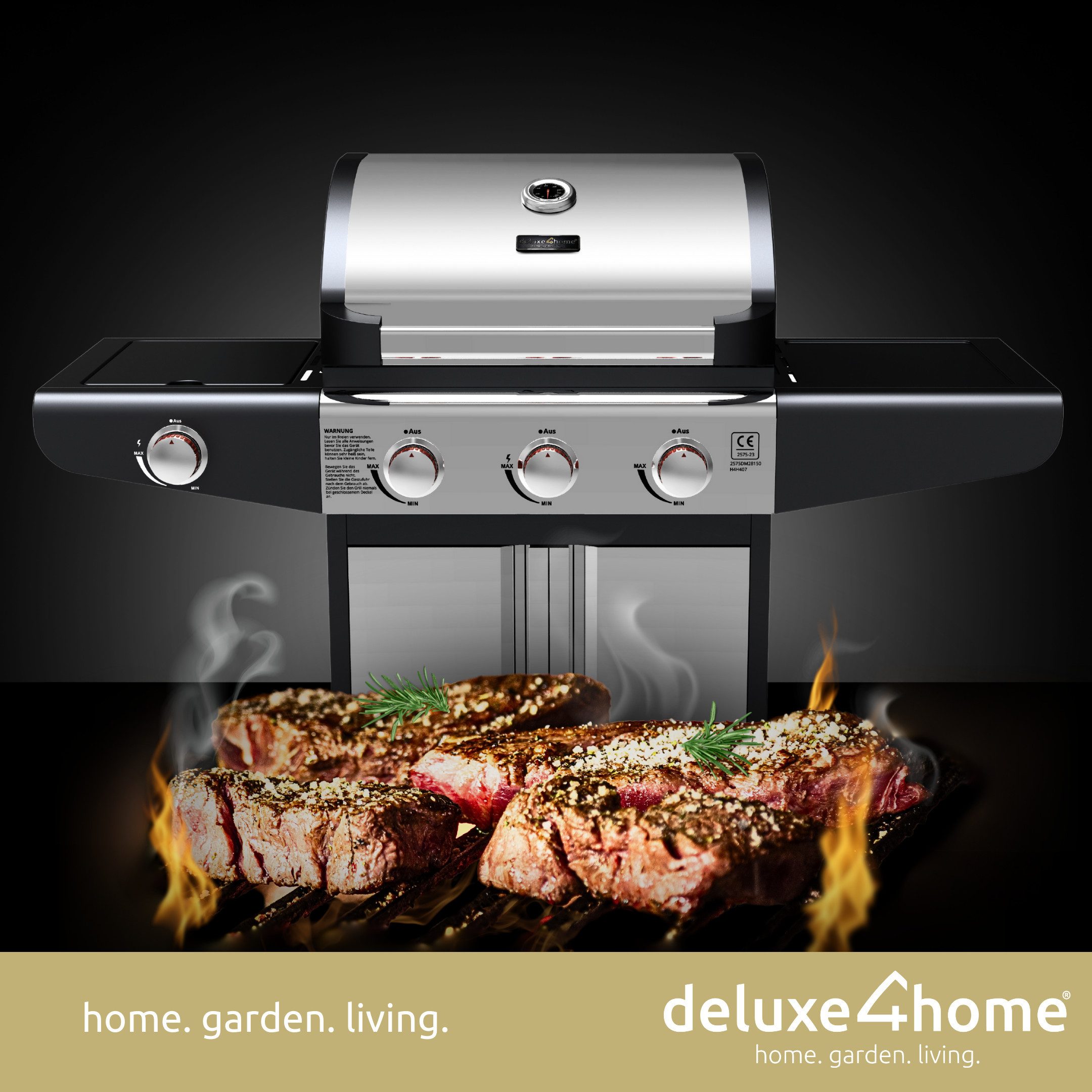 deluxe4home Gasgrill BBQ Grillwagen mit Deckel I 3+1 Seitenbrenner XXL Grill mit Ablagen, inkl. Grillhandschuh & Grillthermometer