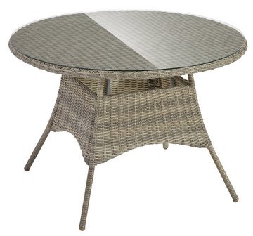 KONIFERA Garten-Essgruppe Venedig, (Set, 5-tlg., 4x Sessel, 1x Tisch Ø120 cm, inkl. Auflagen, Aluminium, Polyrattan), Tischplatte aus 5mm starkem Sicherheitsglas, Hellgrau