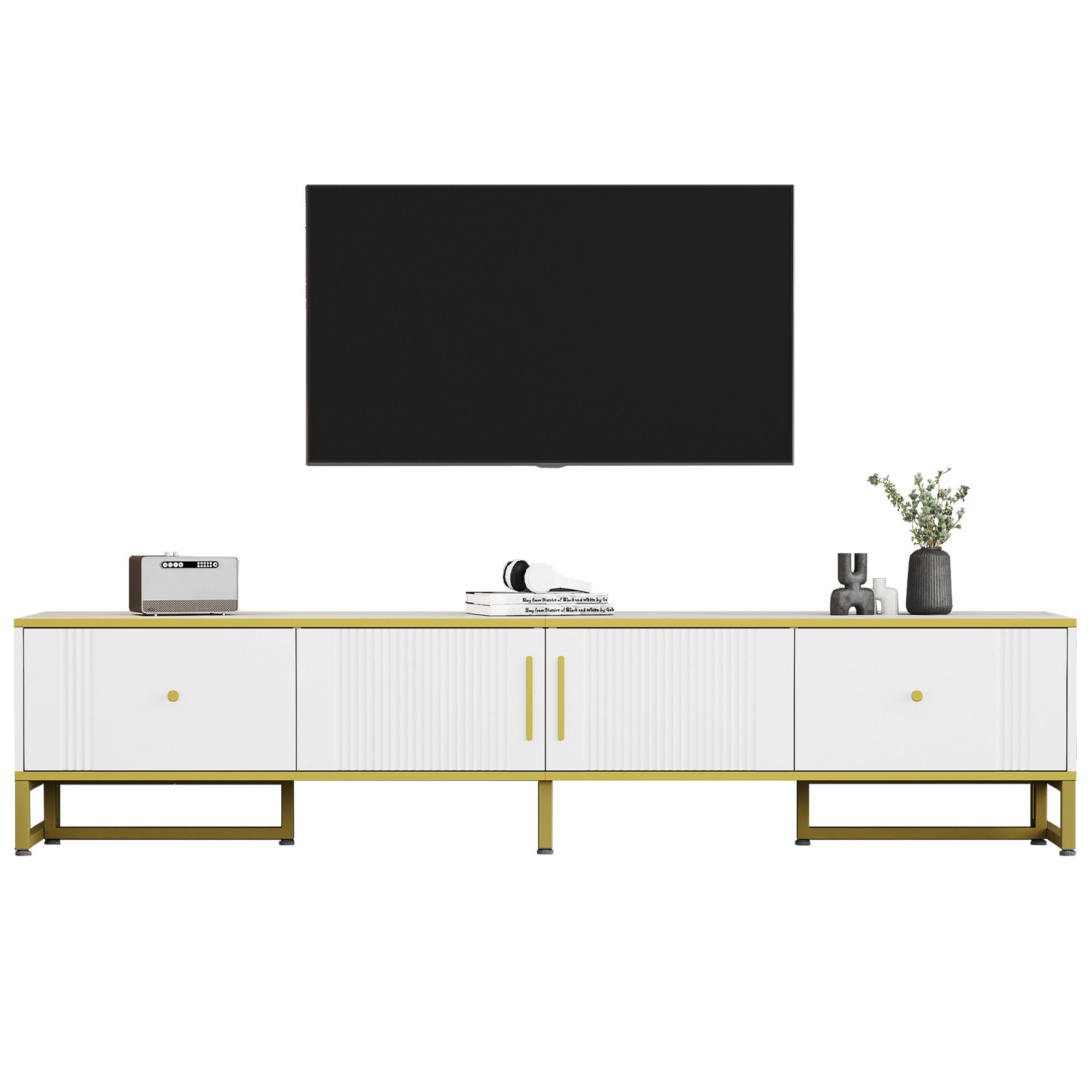 BlingBin Lowboard TV-Schrank 180x40x40 cm, mit goldener Umrandung (1er Set, 1 St., mit goldener Umrandung, 2 Türen, 2 Schubladen), verstellbaren Füßen und Kabelmanagement – ideal für 80-Zoll-Fernseher
