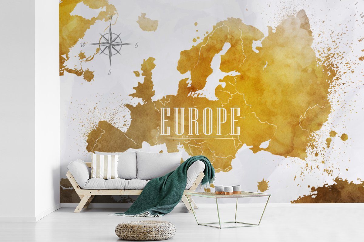 Europa - Matt, Weltkarten für Wohnzimmer, (6 Schlafzimmer, Vinyl - MuchoWow Wallpaper Kinderzimmer, St), Gold, Tapete Fototapete bedruckt,