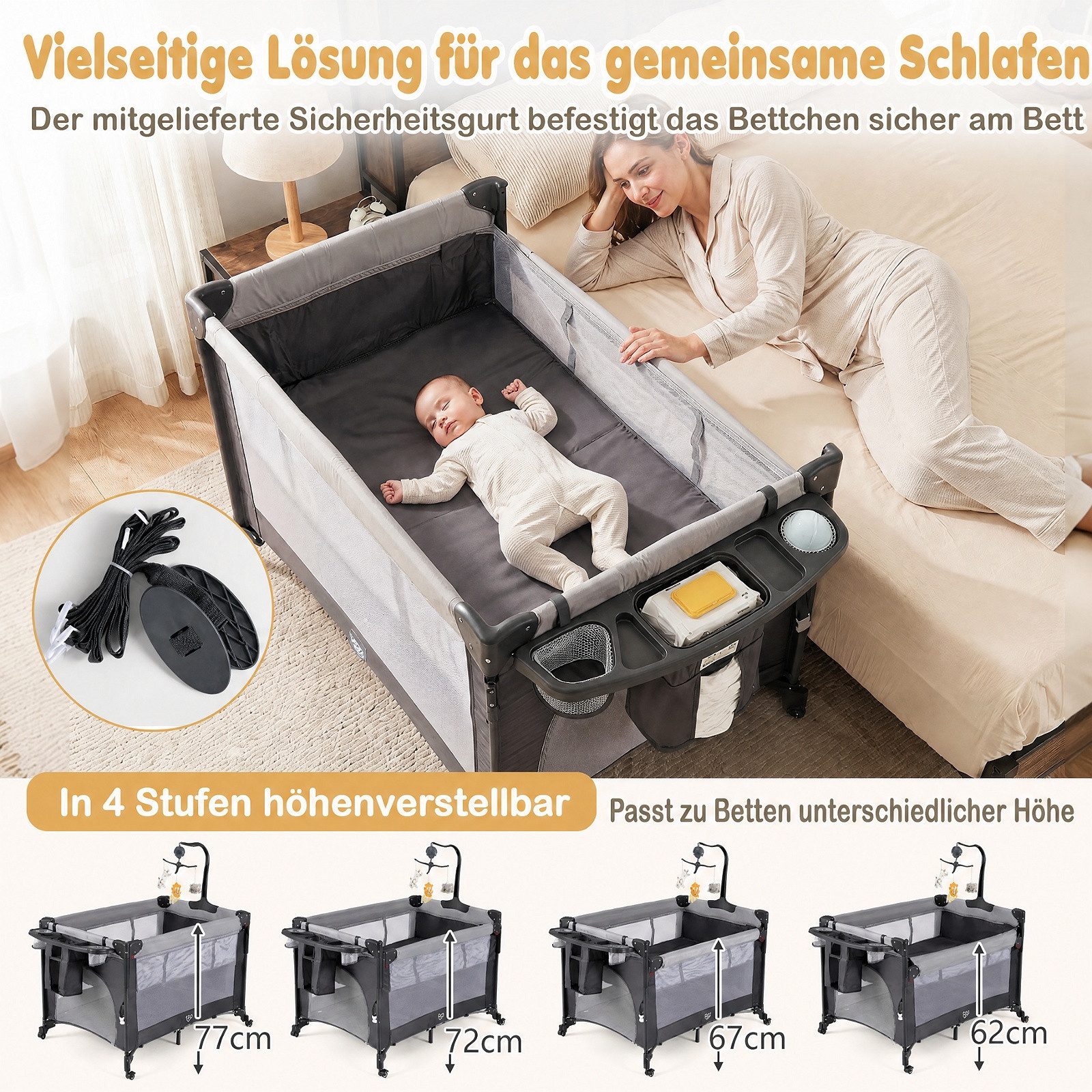 COSTWAY Baby-Reisebett Babybett Beistellbett, klappbar, mit Wickeltisch, Rollen, Ablage & Tragetasche