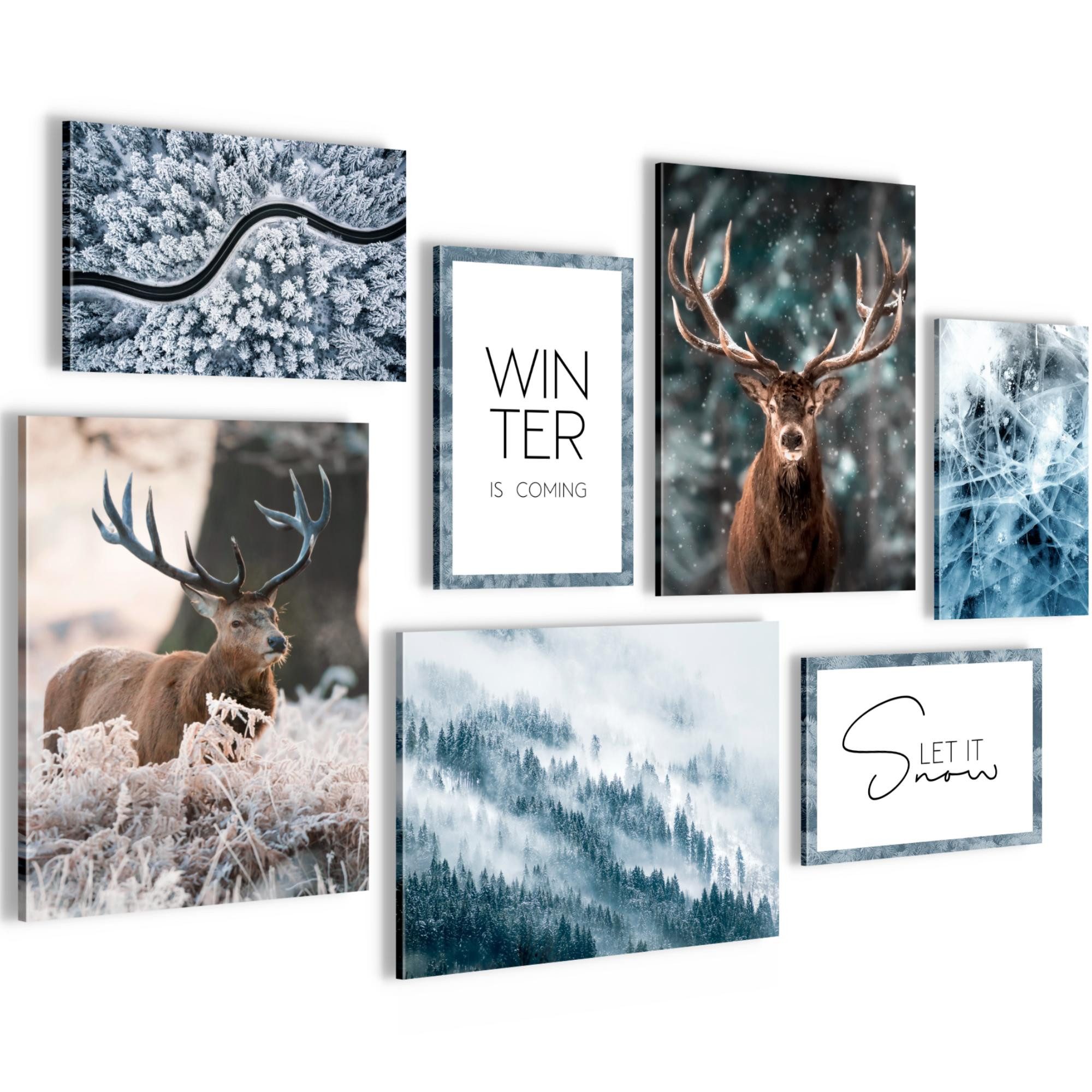 Novart Wandbild Wandbild Wald Natur Hirsch Winter Komplett Aufhängefertig