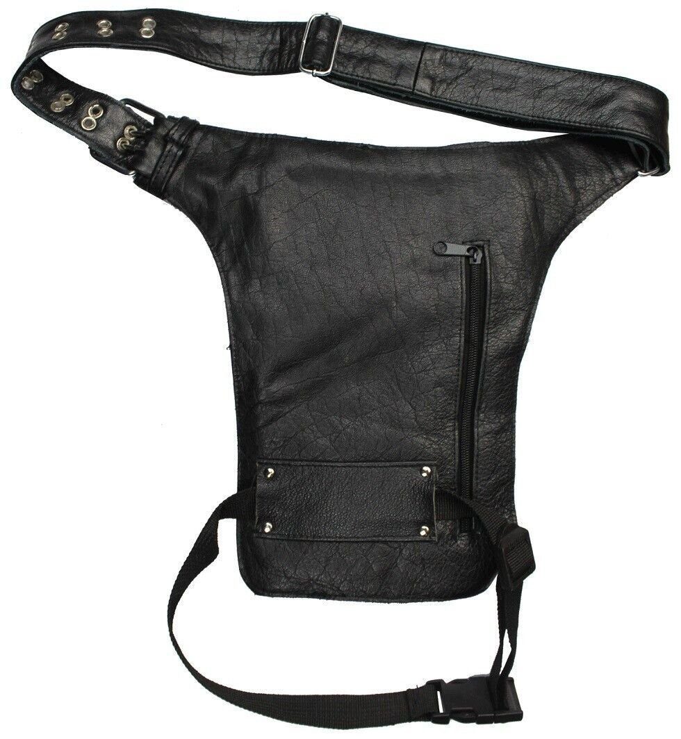Alpha Speeds Beintasche / Bauchtasche aus echtem Leder Motorrad, Biker und Freizeit Schwarz, hochwertiges Echtleder, 3 Frontfächer & 1 großes Rückfach