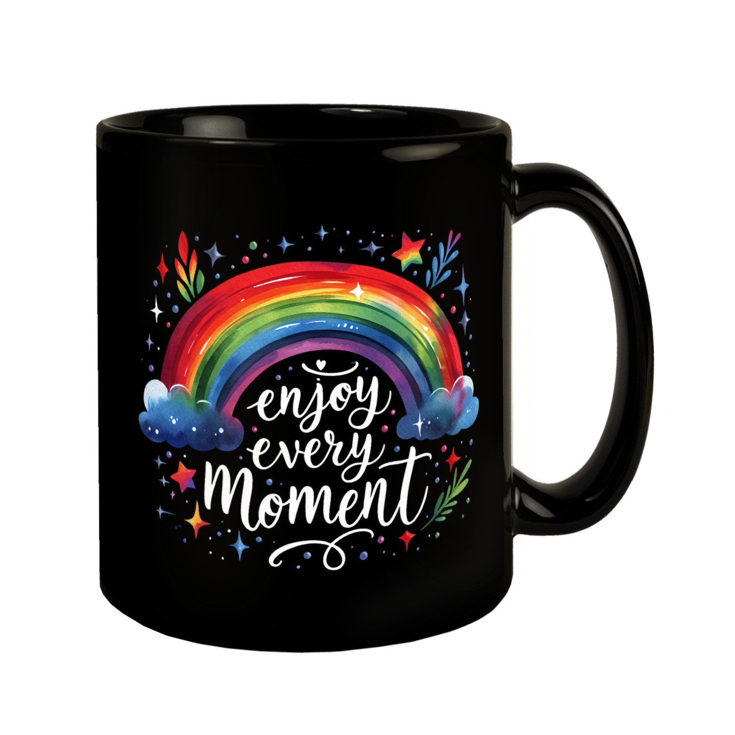 Tasse Regenbogen Tasse in Schwarz mit Spruch Enjoy every moment