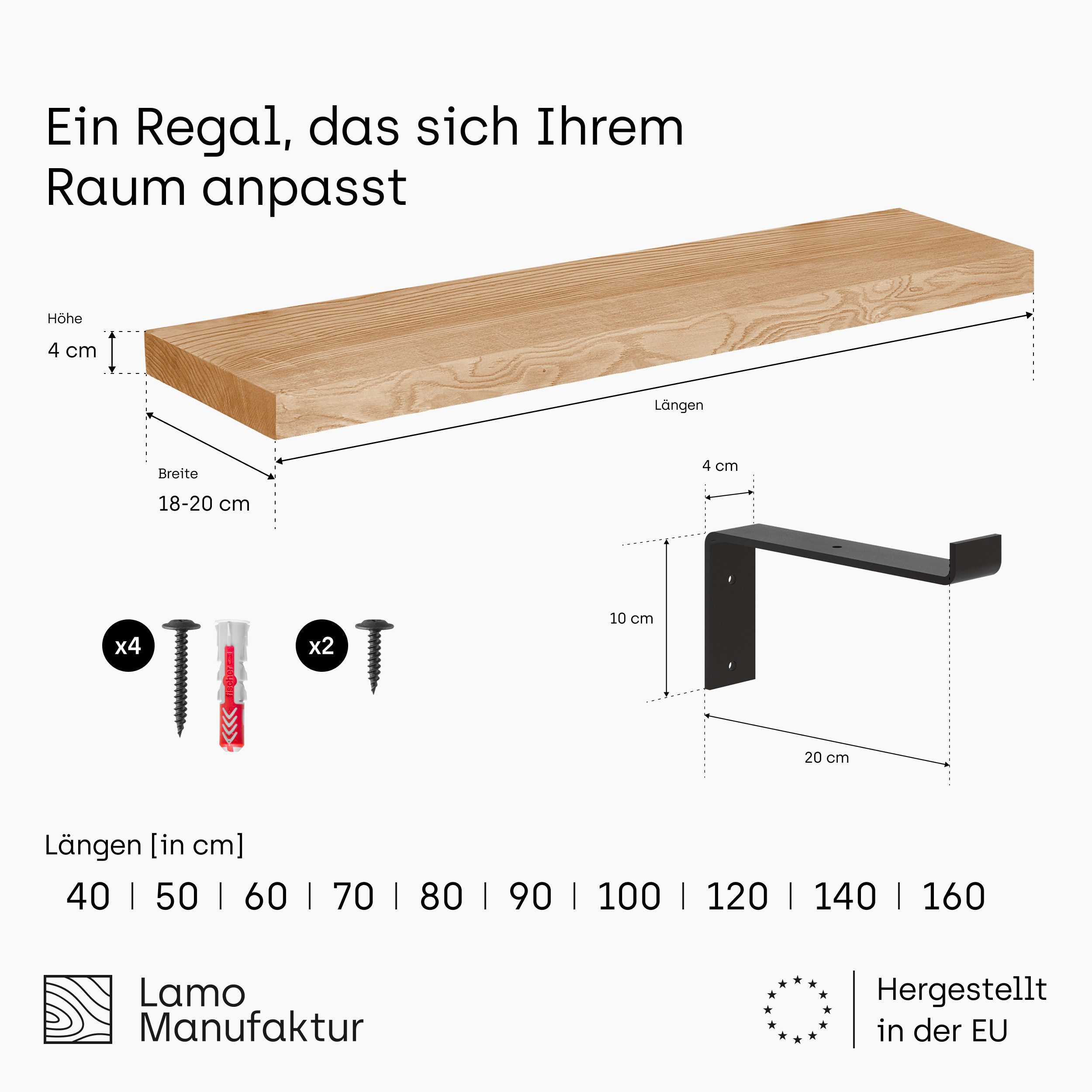 LAMO Manufaktur Wandregal Holz Gerade Regal Farbe: Roh mit schwarzem Original Regalträger 40 cm, Komplett-Set, 40mm stake Massivholzplatte