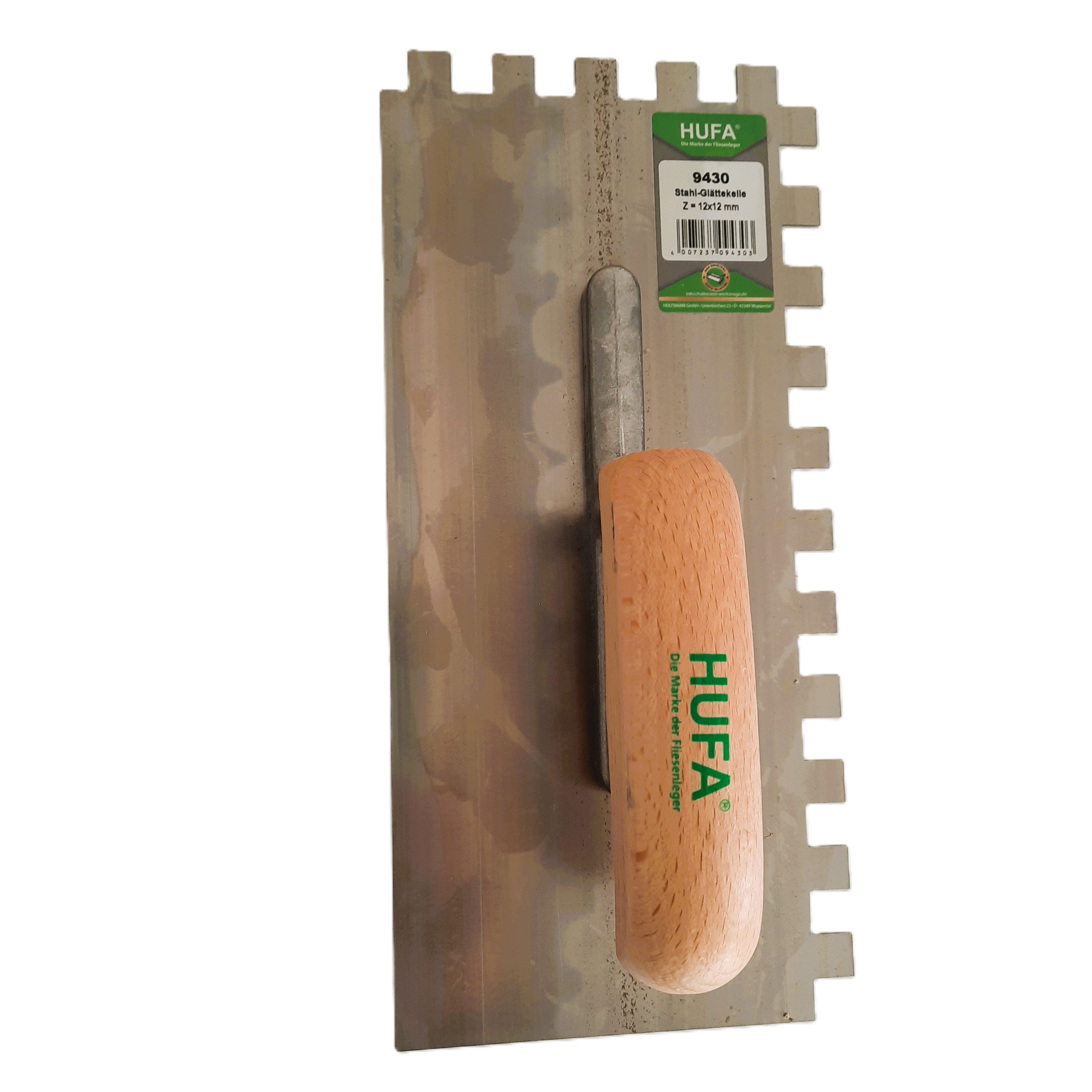 Hufa Zahnkelle Hufa Glättekelle Stahl Holzgriff 280mm x 130mm 12x12mm gezahnt