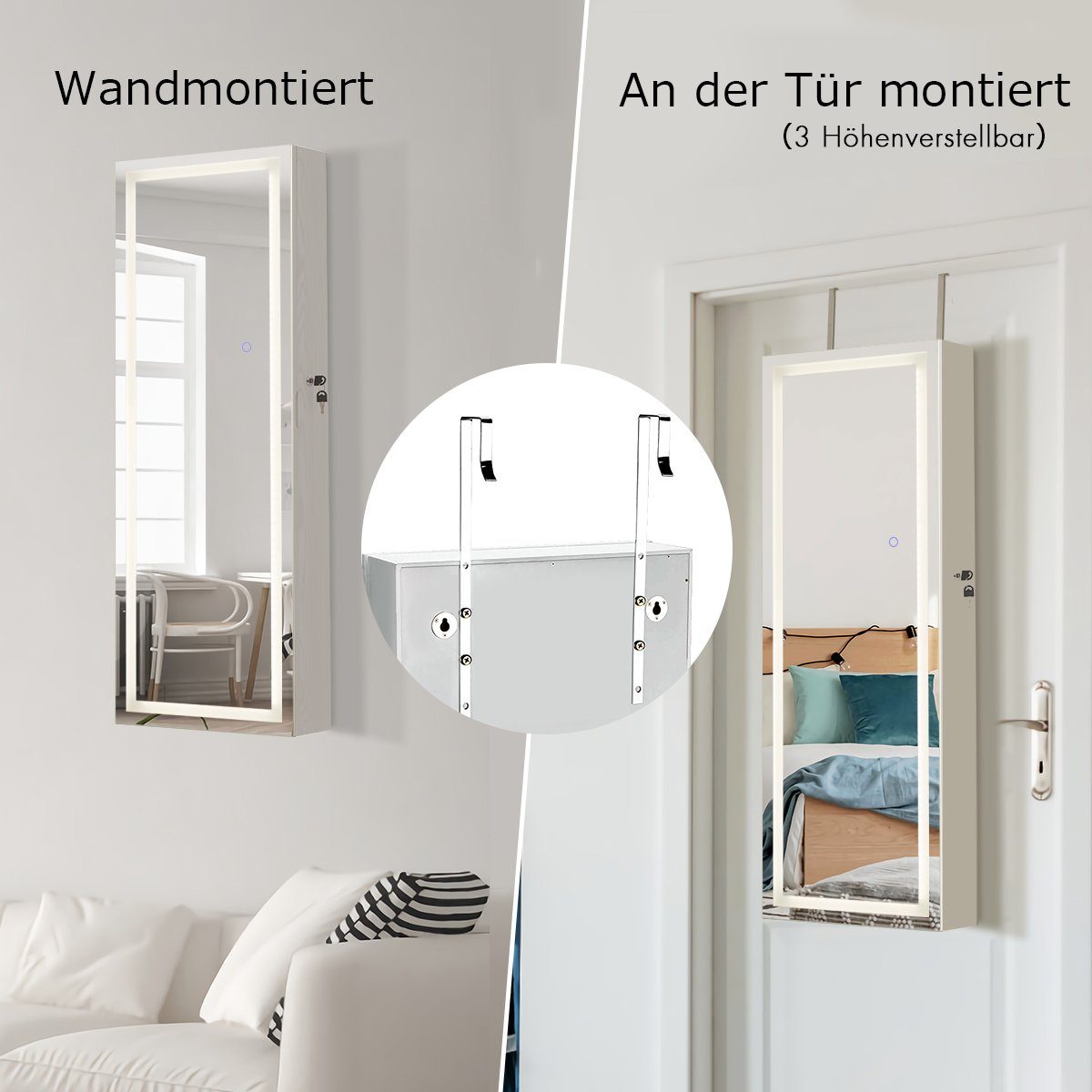 COSTWAY Schmuckschrank Weiß mit 120x40cm hängend, LED, und abschließbar, Spiegel