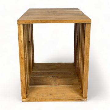 FaHome Beistelltisch Handgefertigt Teakholz - Massivholz - (Holzleisten an den Seiten - Würfel), Natur in Modernem Design - Blumenhocker –