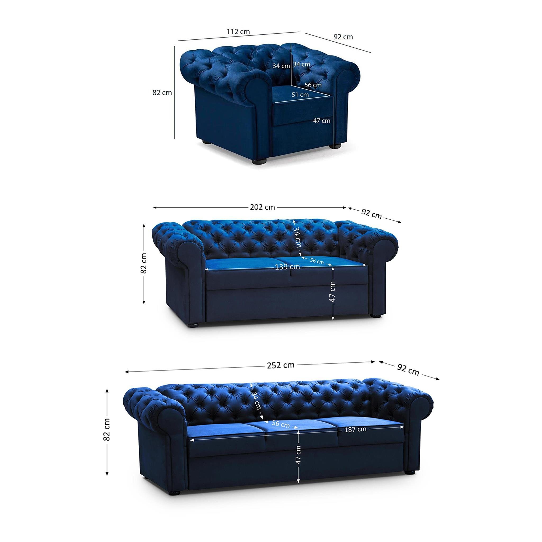 Sofa 3-Sitzer Marineblau Polstergarnitur (Sessel inkl. + Stil Chesterfield Sofa (kronos + Wellenunterfederung im Beautysofa Steppung), 2-Sitzer mit Chester, 09) Couchgarnitur