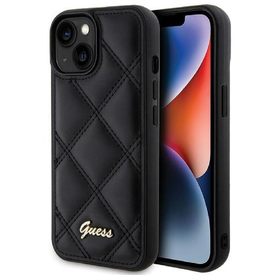 Guess Handyhülle Case iPhone 15 Kunstleder schwarz mit Logo goldfarben 6,1 Zoll, Kantenschutz