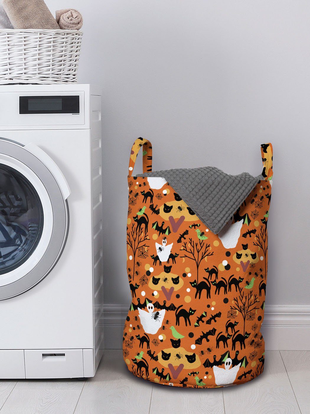 und für Kordelzugverschluss Waschsalons, Wäschekorb Abakuhaus Griffen Orange Geist-Katzen Spiders Wäschesäckchen Fledermäuse mit Schwarz