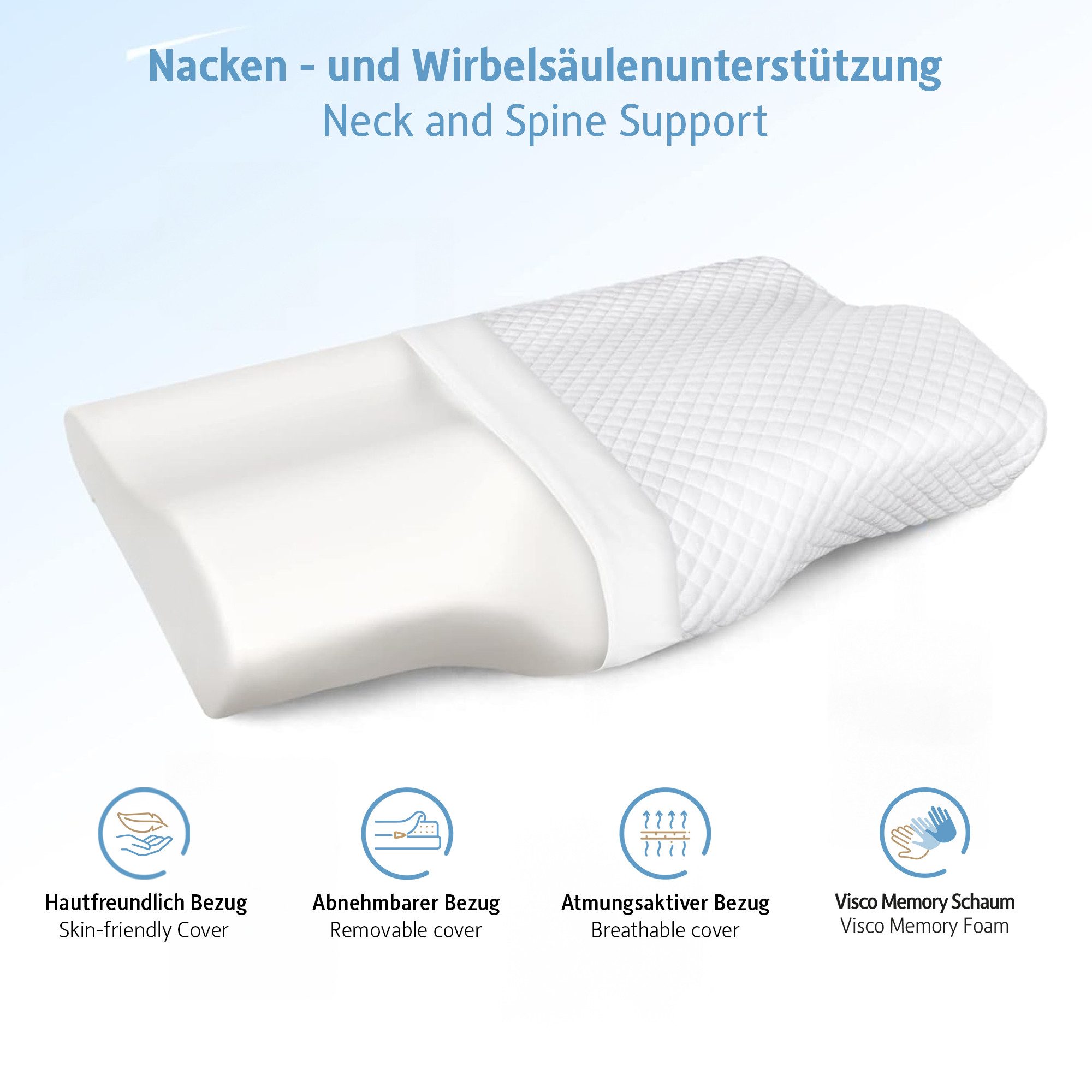 Komfortec Nackenstützkissen aus Memory Foam, Orthopädisches Kopfkissen, Füllung: 100% Visco-Memory Schaum, Seitenschläfer, Rückenschläfer, Bauchschläfer, Kopfkissen, Oeko-Tex & CertiPUR-US Zertifiziert