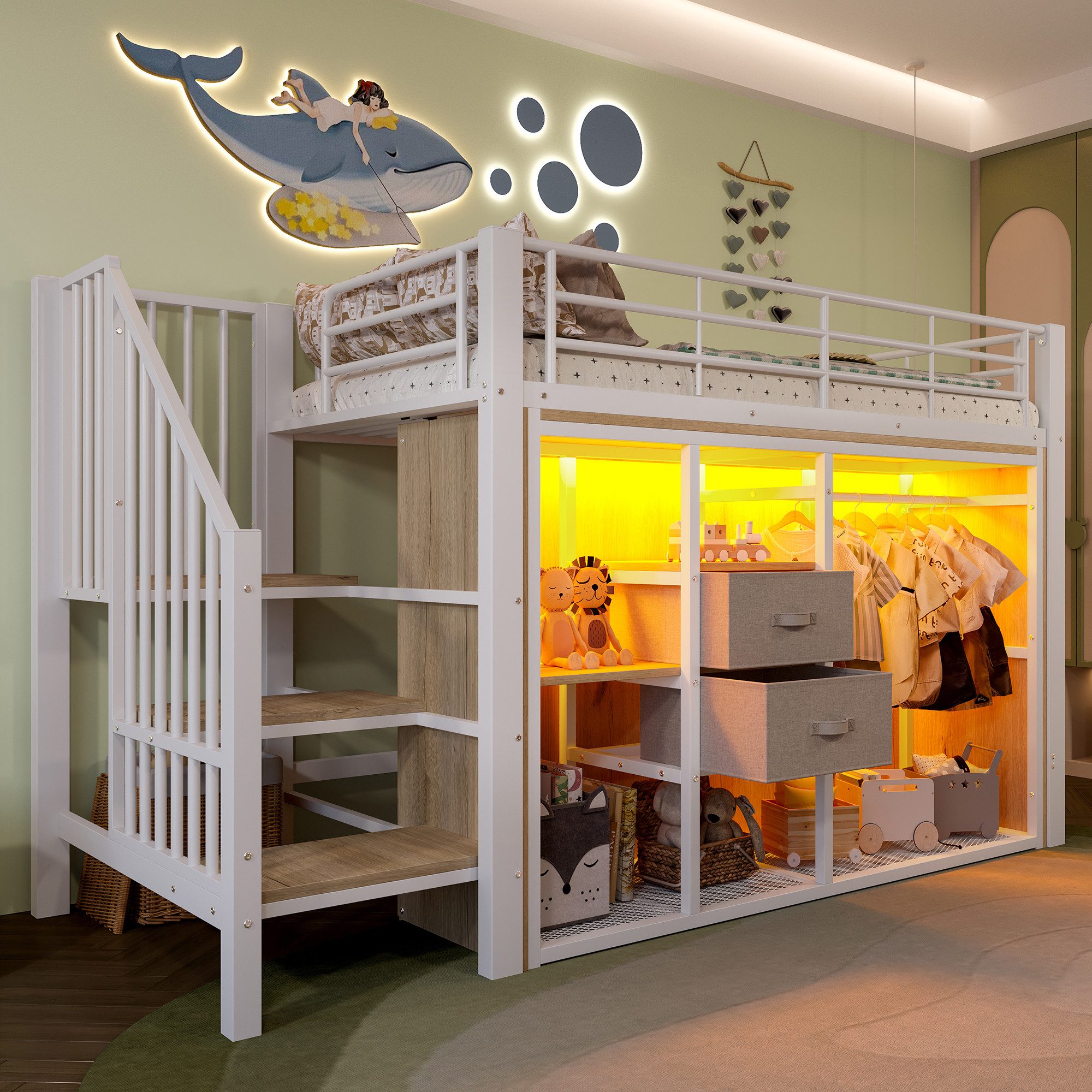 Merax Hochbett 90x200cm mit LED-Beleuchtung (1-St., Mehrzweckbett Jugendbett Einzelbett) Metall Kinderbett mit 2 Schubladen,offenem Kleiderschrank & Staufächer