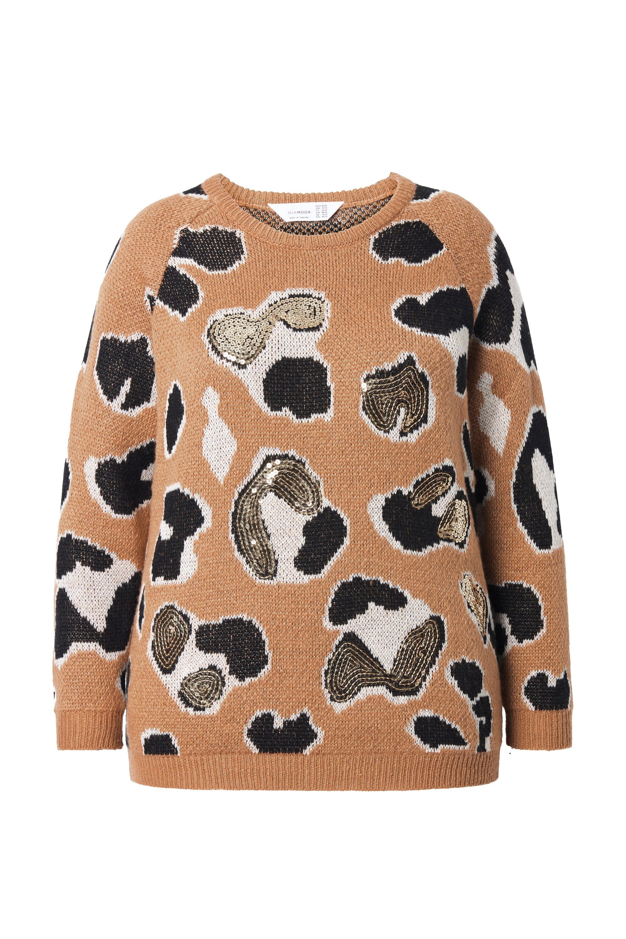 Strickpullover Pullover Pailletten Leomuster Raglan-Langarm