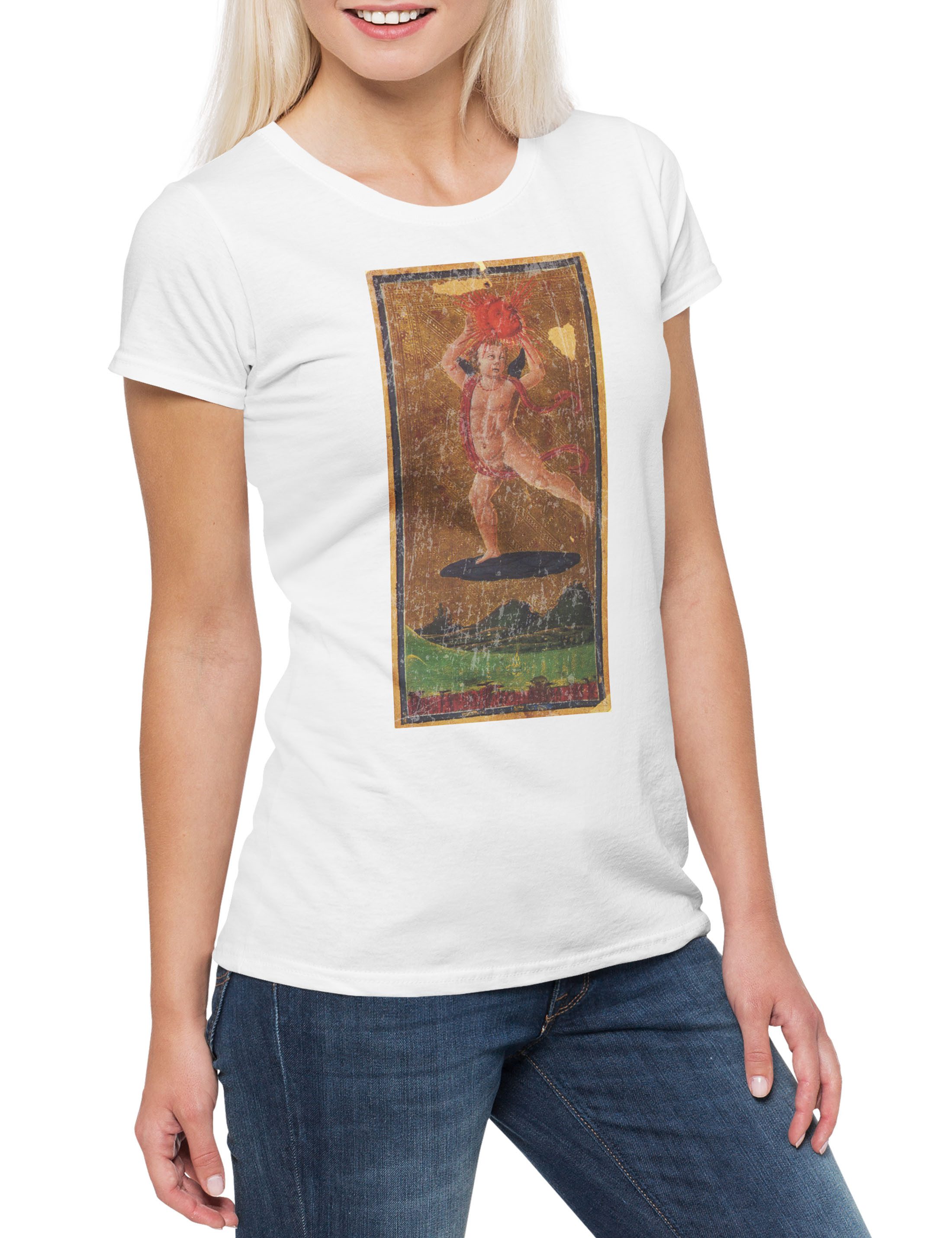 Urban Backwoods Print-Shirt Tarot Arcanum Sun Damen T-Shirt Karte Karten Card Voddoo Die Sonne (1-tlg) Black Occult Magic Schwarze