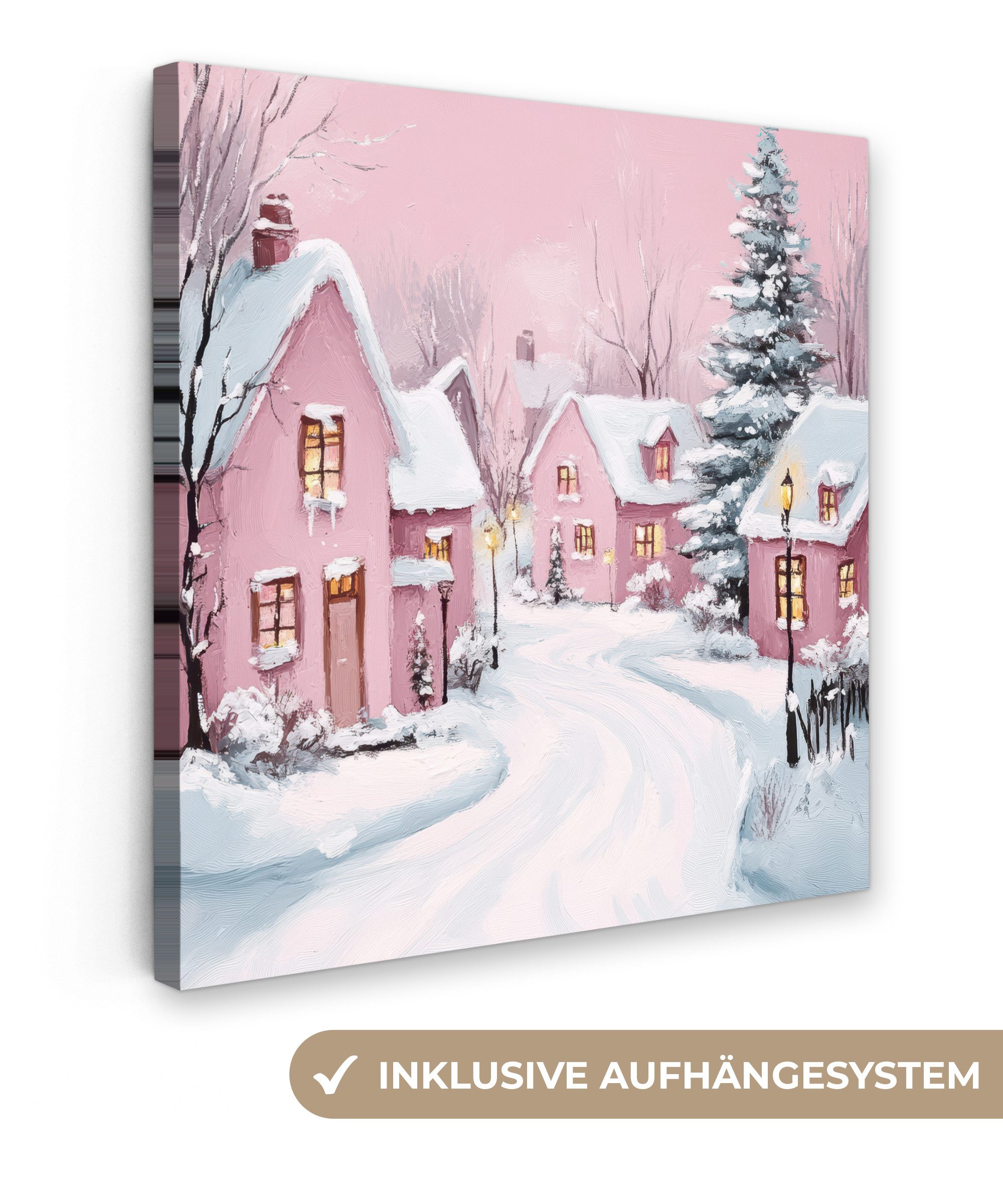 OneMillionCanvasses® Leinwandbild Weihnachtsdorf - Rosa - Winter - Schnee - günstig online kaufen