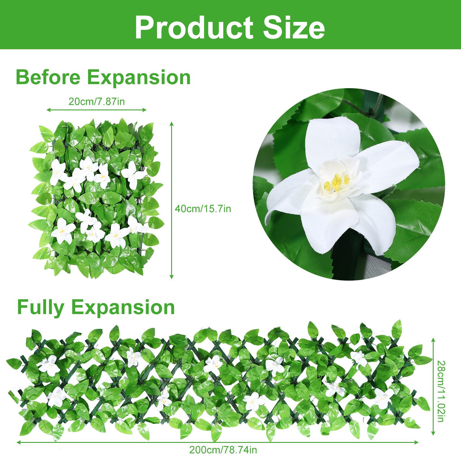 BlingBin Gartenzaun Ausziehbare Künstliche Blumenzaun, Max. 200 cm Efeu-Zaun-Sichtschutz, (4er Set, 4-St., Maße im ungestreckten Zustand: 20 x 40 cm), Erweiterb – Bild 2 von 5