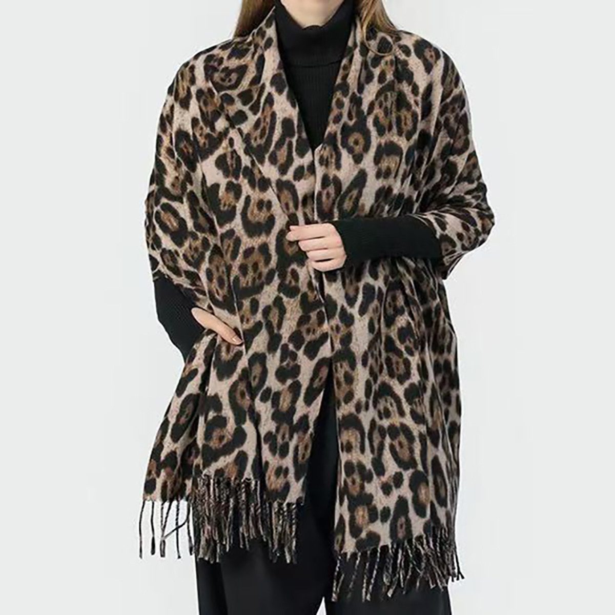 FOUORTUNATE-BEE Schal Damen Klassisch Leoprint Schal Herbst Halstuch Damen, (Winter Warme Super Lange Stola), Frauen Mit Quasten Schal